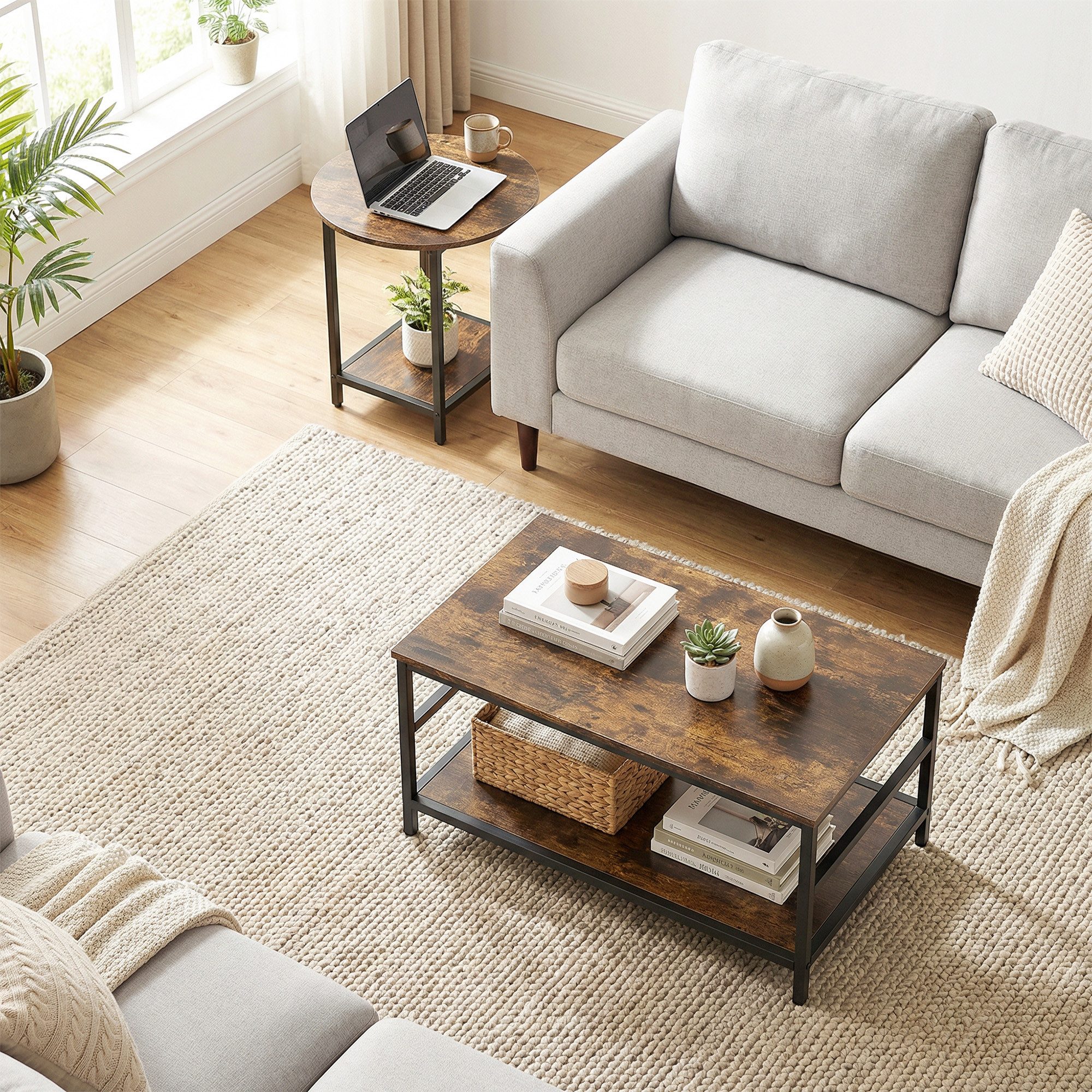 HOMCOM Beistelltisch Couchtisch mit Ablagen (Wohnzimmertisch, 2-St., Kaffeetisch), für Wohnzimmer, Schlafzimmer, Rustikal-Braun