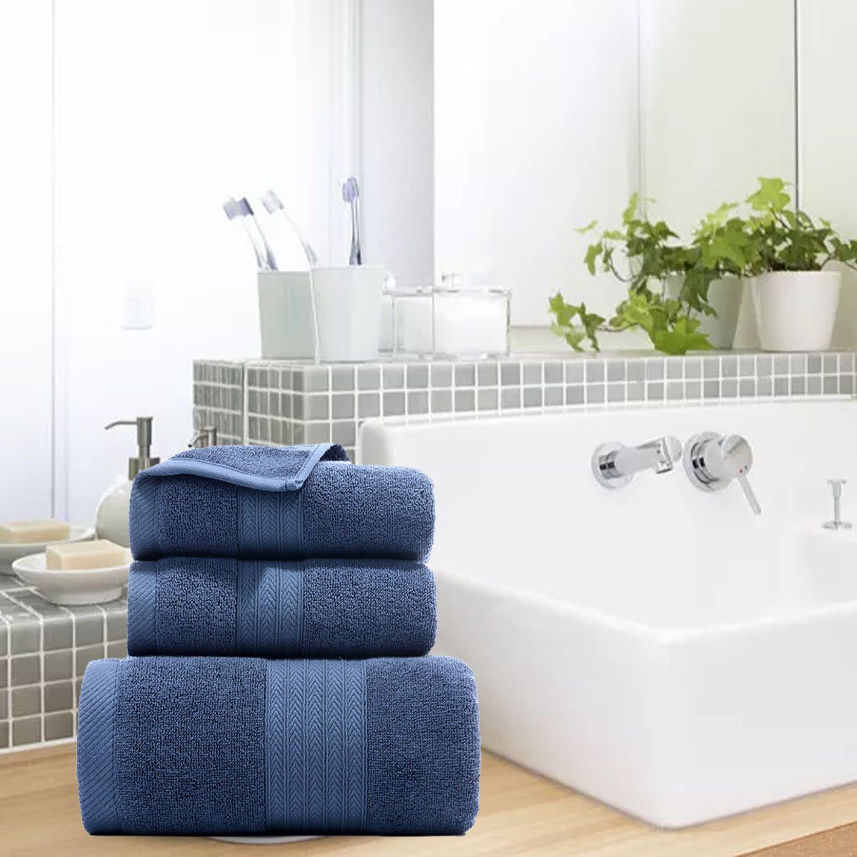 Jormftte Handtuch Set Handtücher Set-2xHandtuch,1xBadetuch,saugfähig und zu Blau weich,für Hause