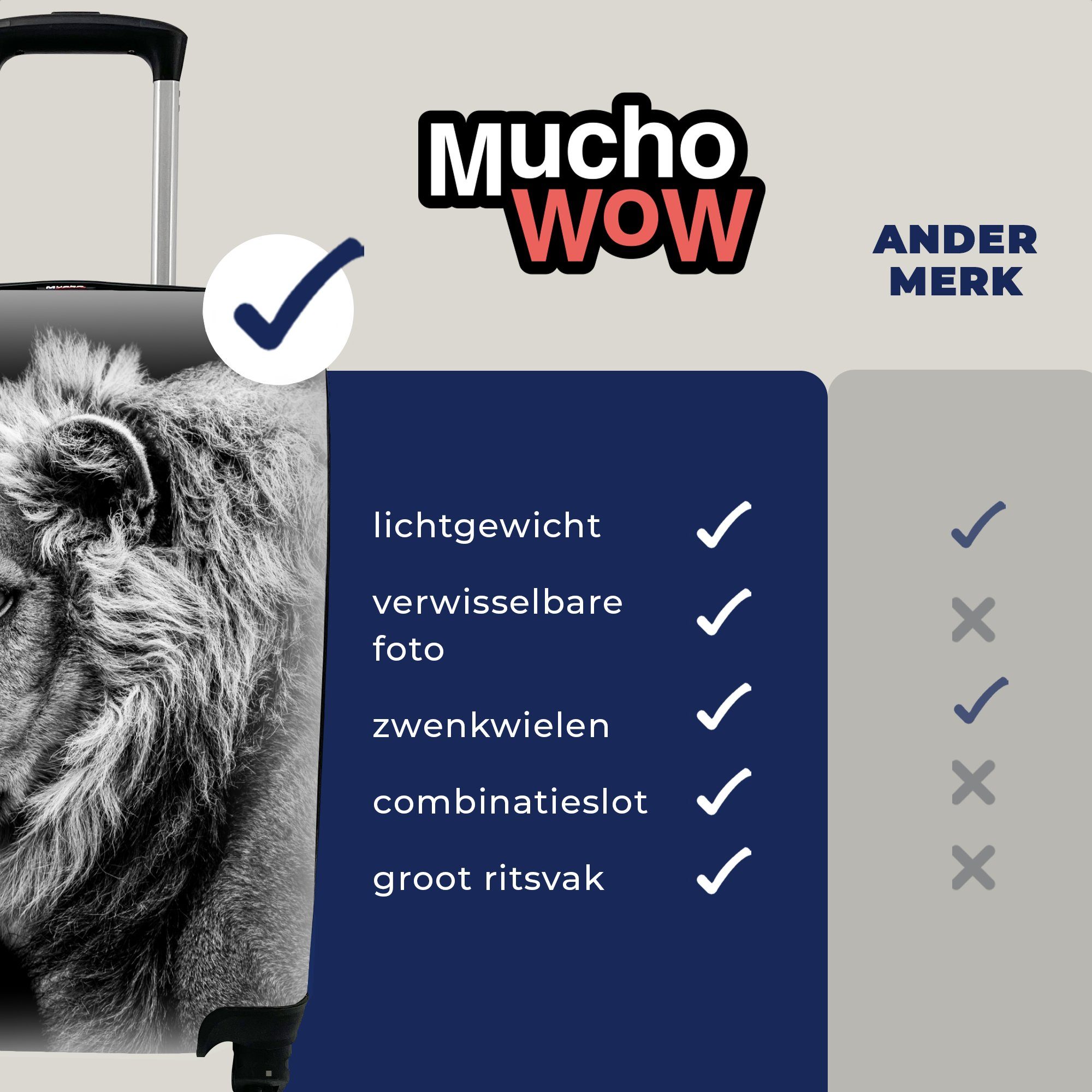 MuchoWow Handgepäckkoffer Löwe - Porträt Wildtiere Schwarz Reisekoffer Rollen, Weiß, für rollen, Reisetasche Ferien, 4 - Handgepäck - mit - Trolley