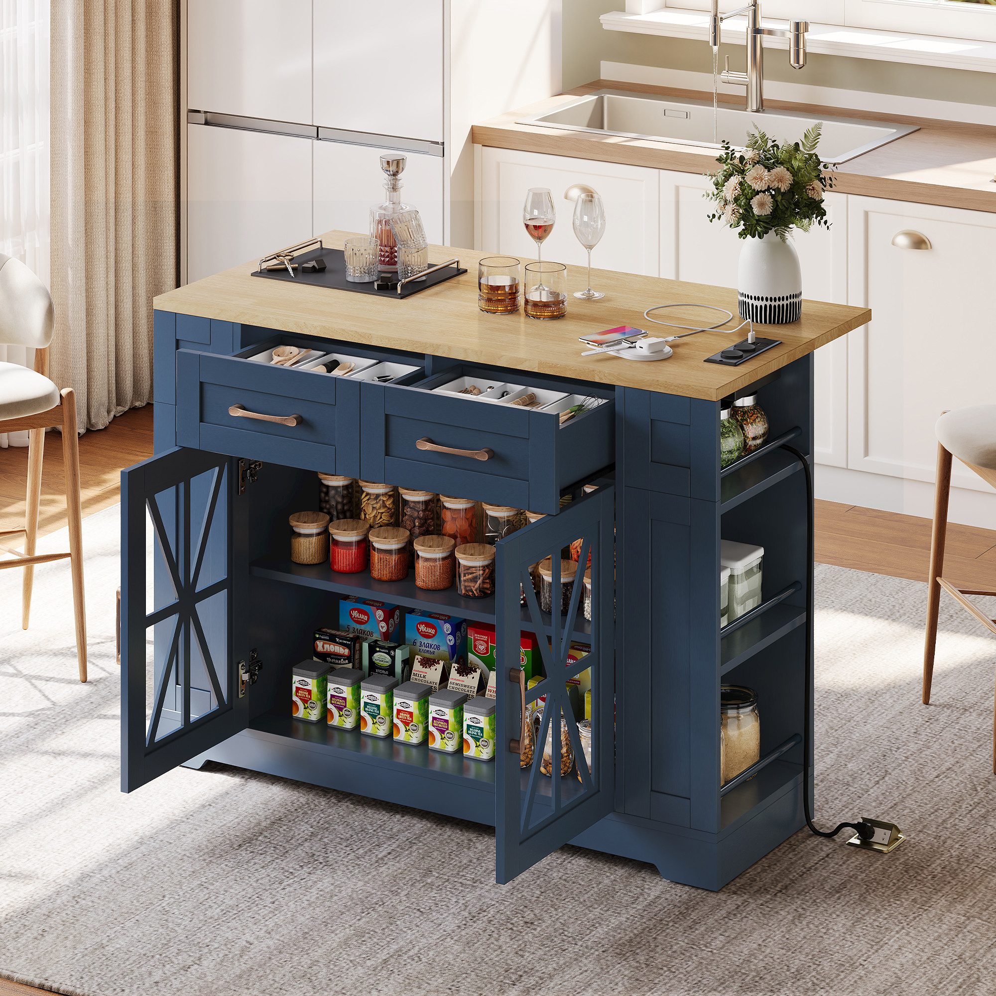 BlingBin Kücheninsel Küchenwagen Esstisch mit klappbarer Tischplatte & Rollen mit Bremsen, (offener Ablage, verstellbares Laminat,2 Glastüren,2 Schubladen), 2 AC-Anschluss und USB-Anschluss, 120L x 40(65)B x 92H cm