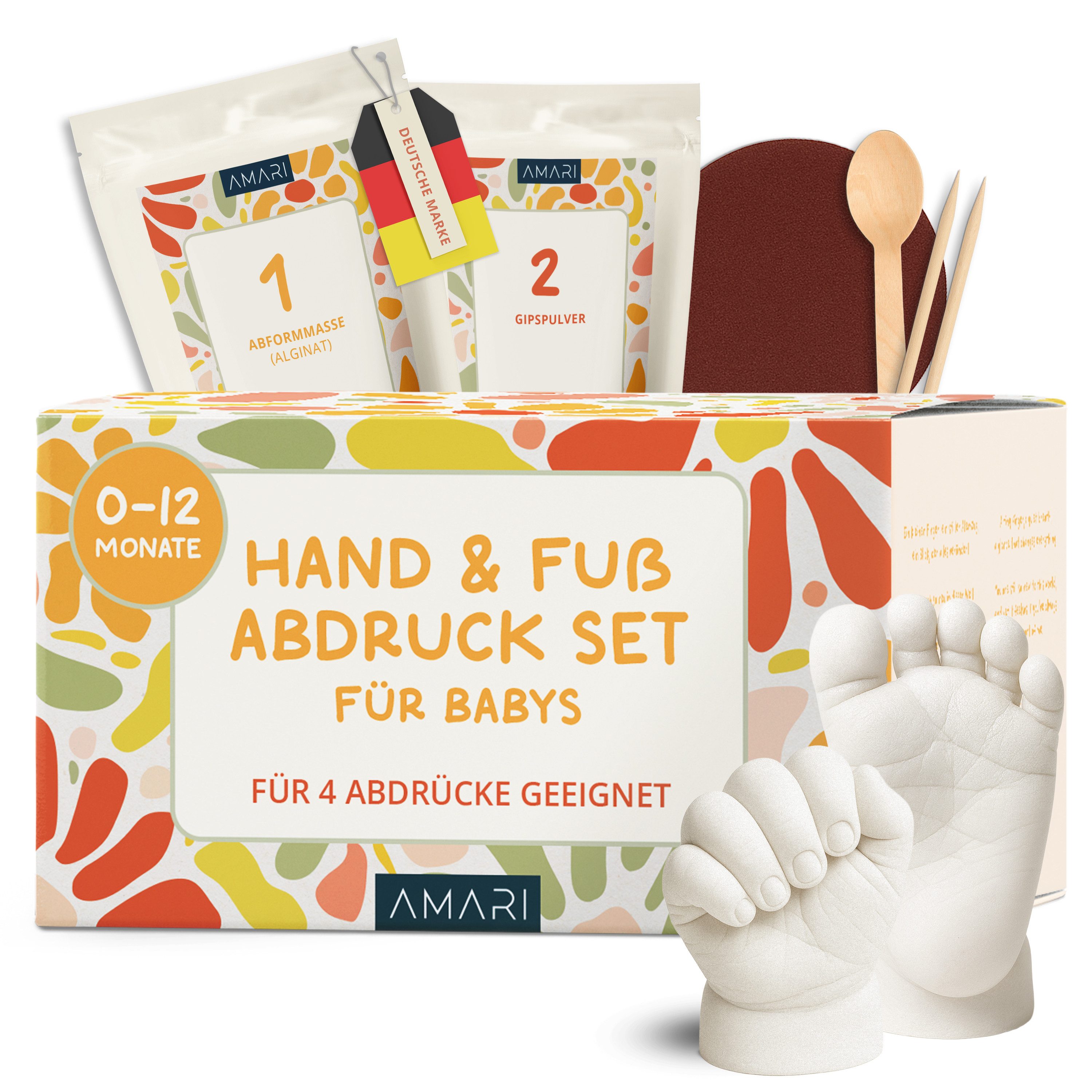 Amari Handabdruck-Set 3D Gipsabdruck Set Baby, Hand- und Fußabdruck Abdruckset Neugeborene, Geschenk zur Geburt, Taufe & Babyparty, 4 Abdrücke, inkl. Gips, Formmaterial, Anleitung & Geschenkbox