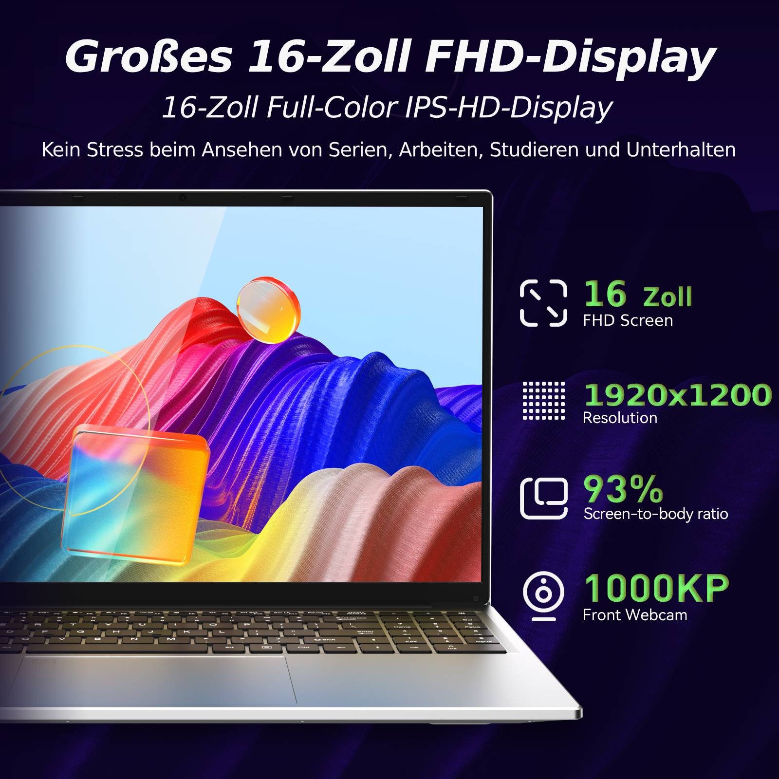 Auusda T161N Laptop, 16 Zoll, i3-1000NG4, 16GB RAM, 1TB NVMe SSD Notebook (i3-1000NG4, 16 GB, 1024 GB SSD, mit umfangreichen Anschlussmöglichkeiten und Fingerabdruck)