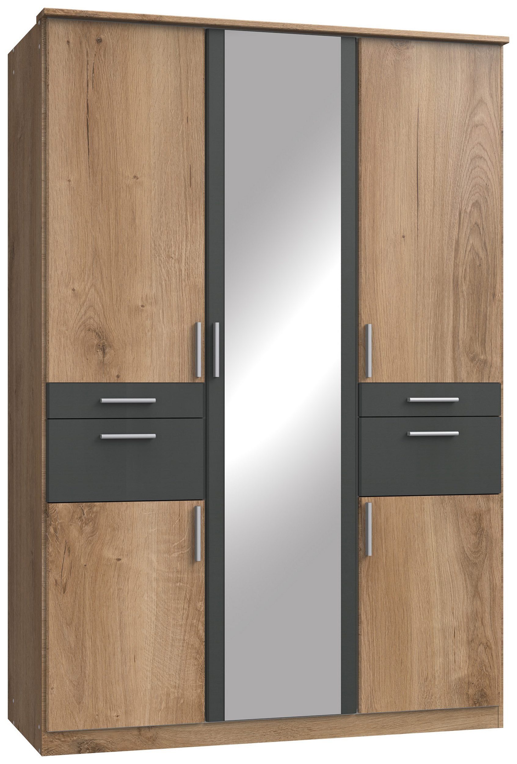 Holzwerkstoff, mit viel Optik 5-türig, Embu (Kleiderschrank, Drehtürenschrank Stauraum Modern Graphit Riviera Eiche Schubladen, - mit Spiegel, Mehrzweckschrank) Design, Stylefy aus