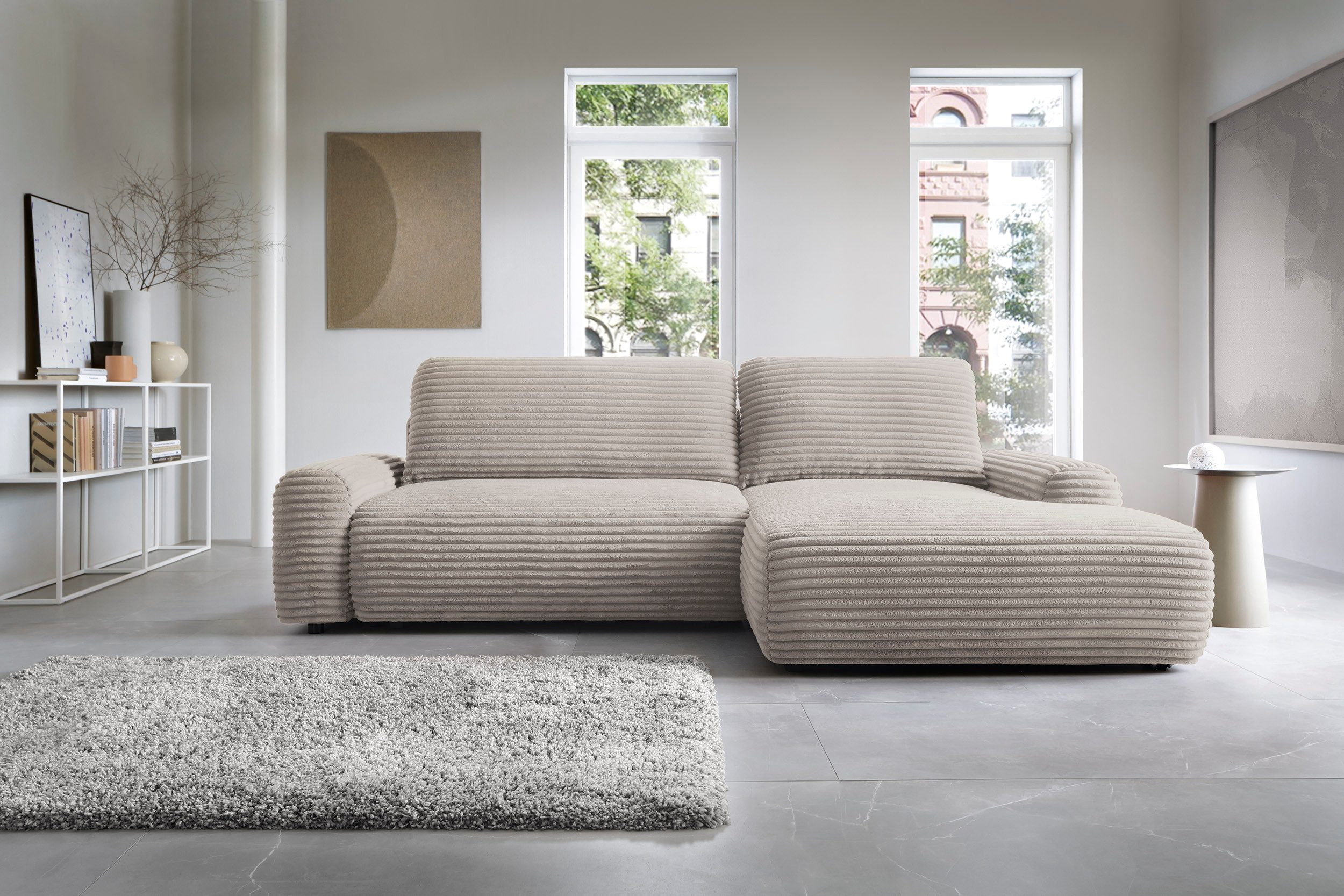yourhouse24 Ecksofa CORD mit Schlaffunktion und Bettkasten, Trendiger Cord- Bezug, Schlaffunktion & Bettkasten, Eckcouch
