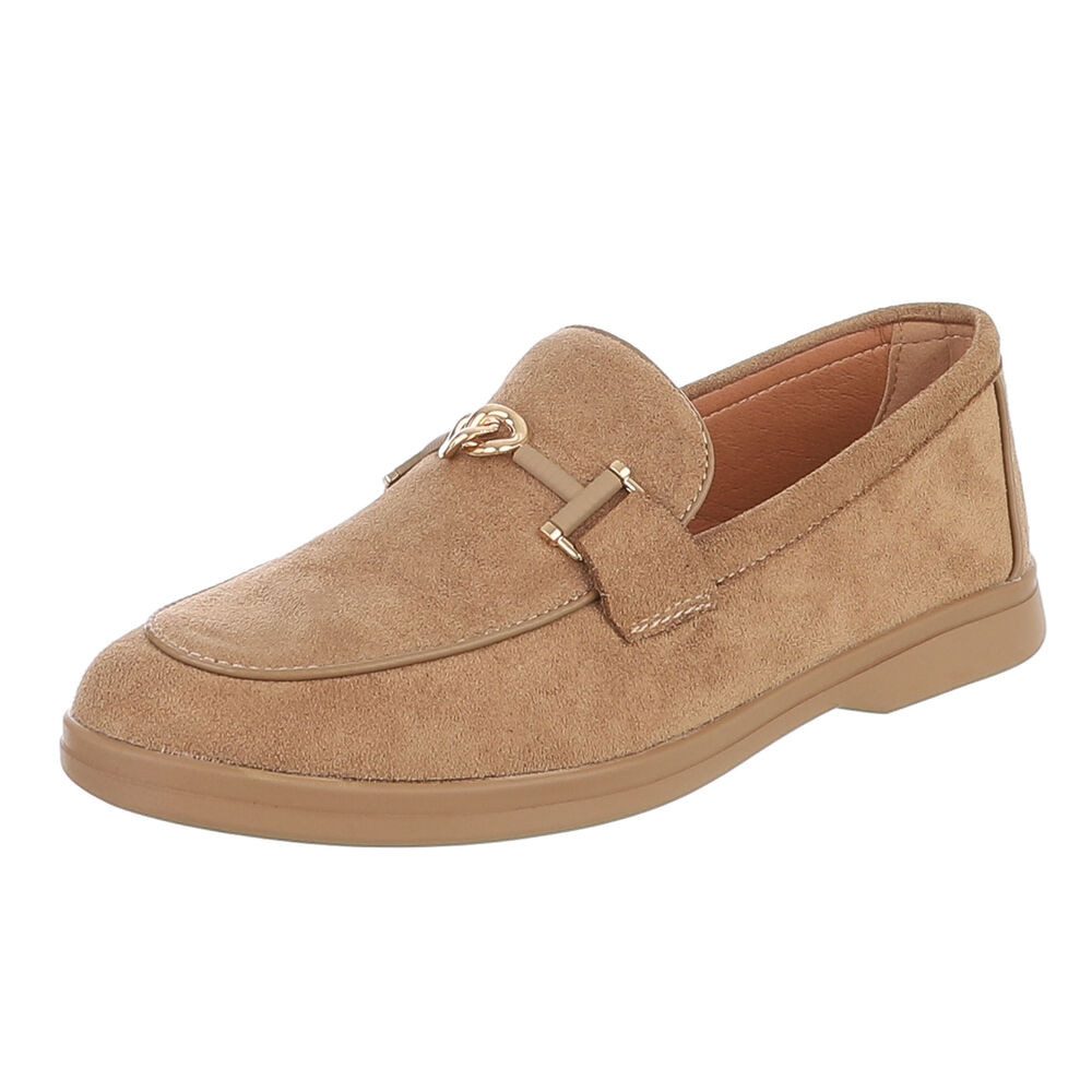 Ital-Design Damen Loafer mit Zierkette und Schlupfeinstieg Slipper (92078728) Blockabsatz Mokassins in Hellbraun