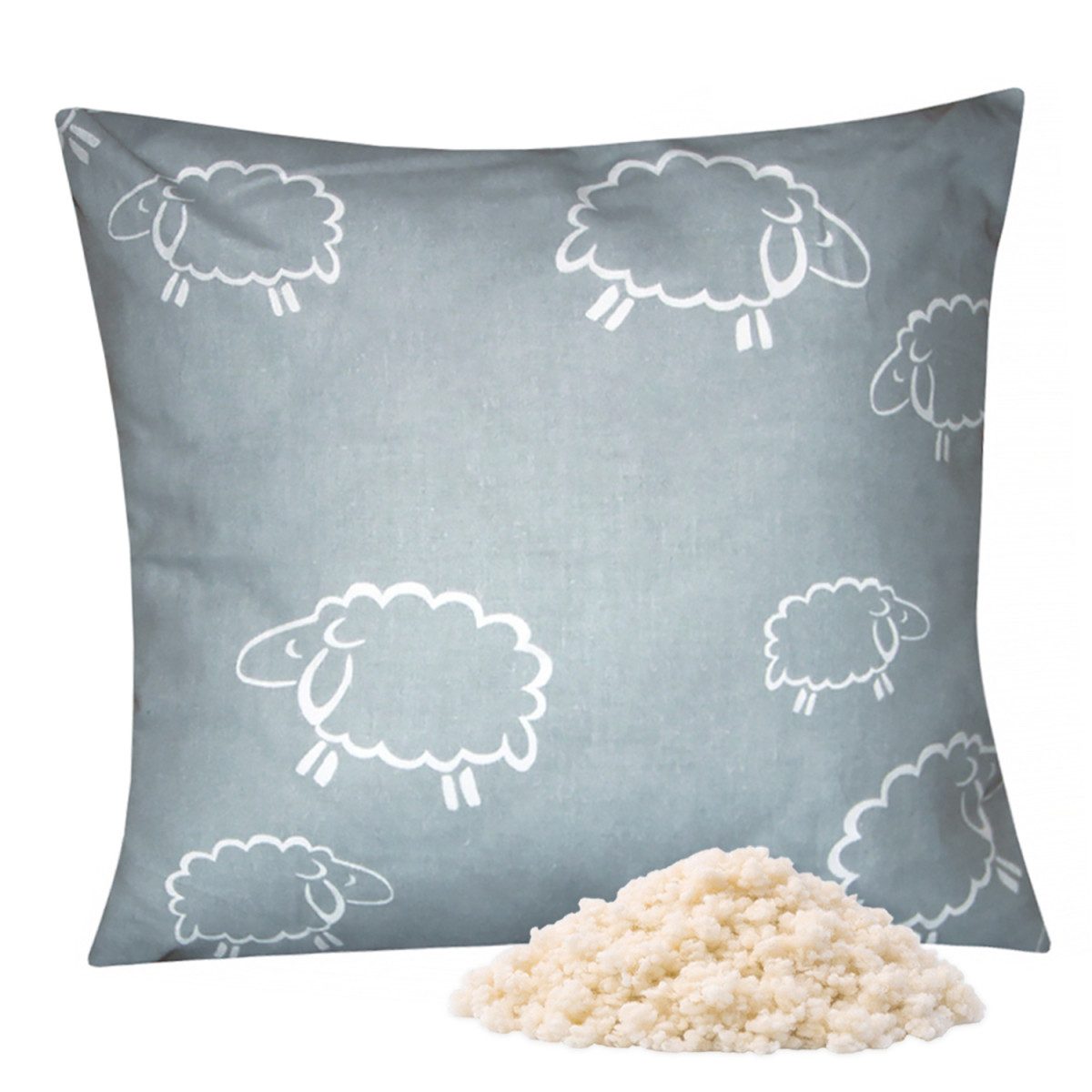 Heubergshop Naturfaserkopfkissen, Füllung: Schafwolle, Schurwolle, Bezug: 100% Baumwolle, Kissen 40x40cm Gefüllt mit Schafwollkügelchen (99/7)