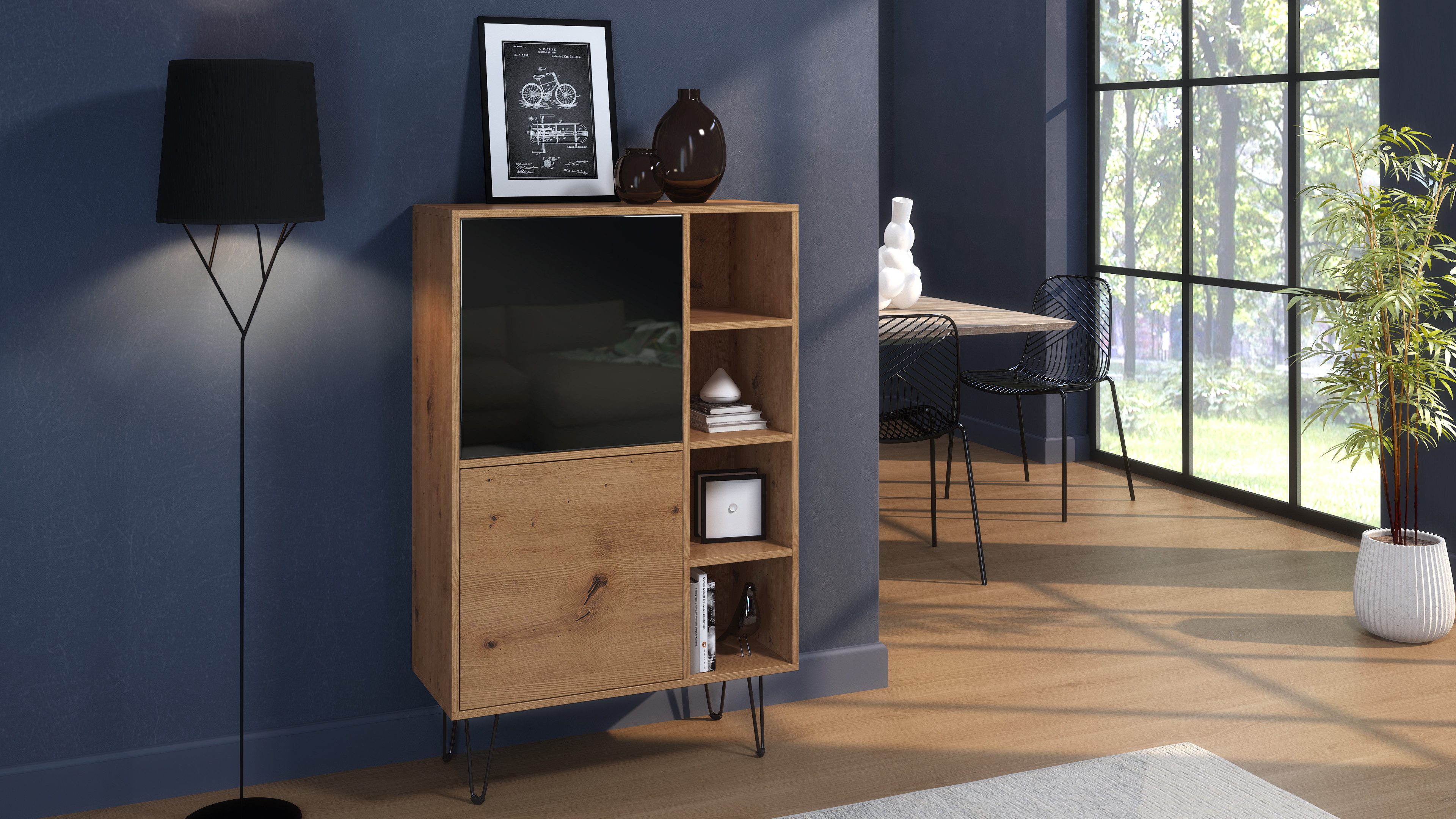 Vladon Highboard Havana V1 (Schrank mit 2 Türen und 4 offene Fächer, Kommode Made in Germany), Eiche Evoke / Schwarz Hochglanz (124 x 79 x 35 cm)