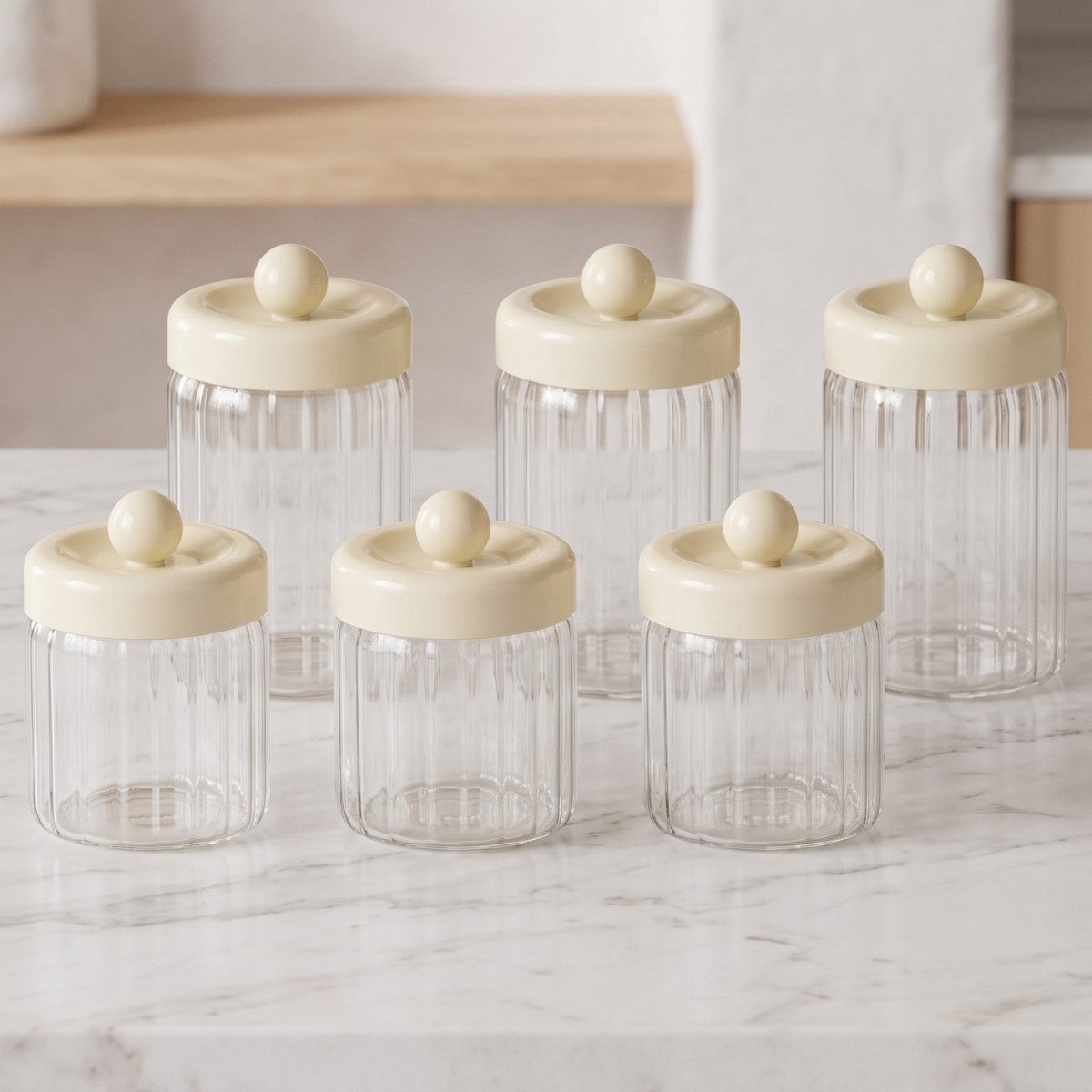 alesvelt Vorratsglas Set OSERA Aufbewahrungs-Set aus Rillenglas mit Knauf-Deckel Creme, (6-tlg., 3er-/6er-Set), Rillenoptik, Knauf Deckel, Creme
