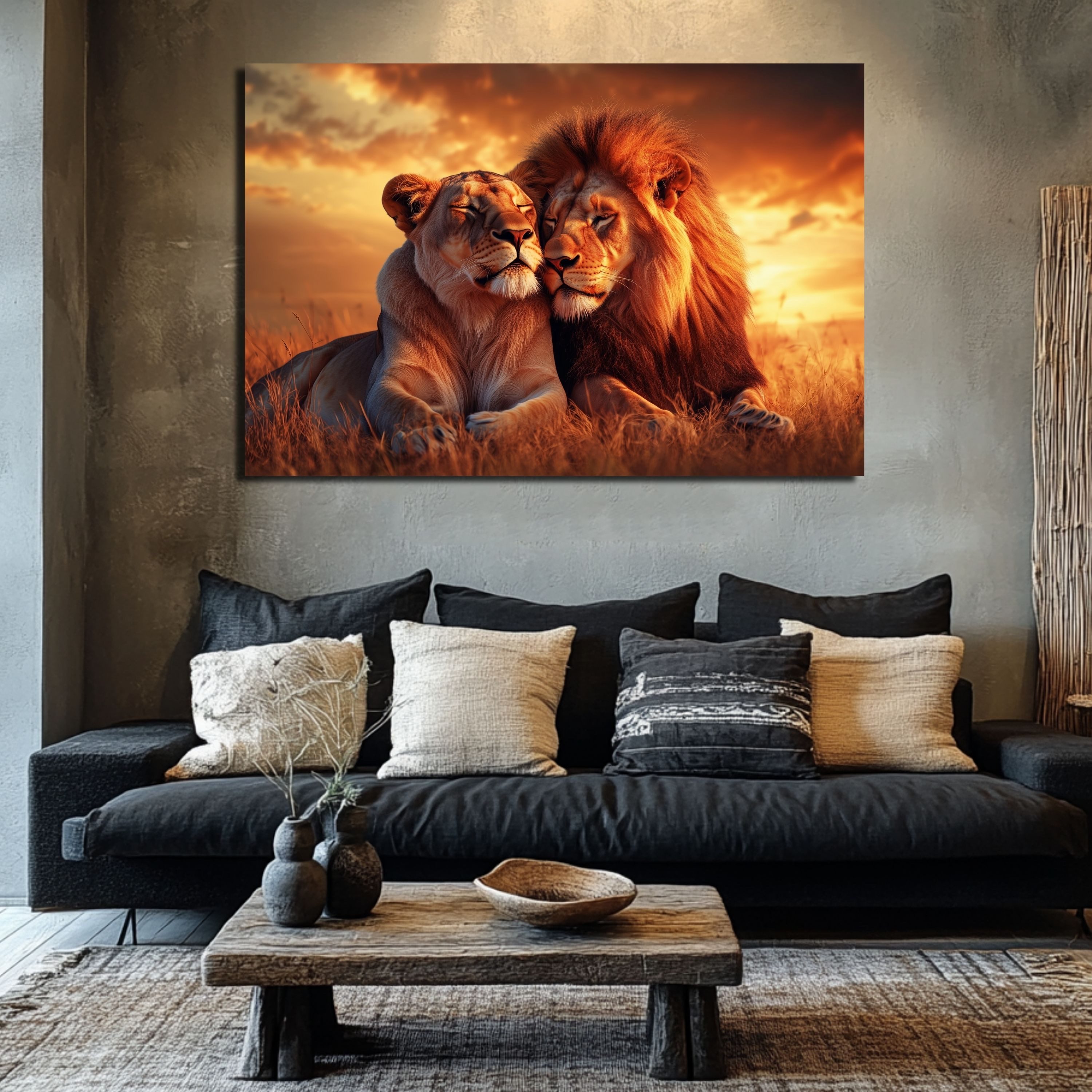 DARO Design Leinwandbild Modern Abstrakt Wandbilder XXL Wandbild Wand Deko Leinwand Bilder, (Löwen beim Sonnenuntergang - -Bild groß Wohnzimmer Schlafzimmer Küche Esszimmer Einteilig Querformat Fotodruck Leinwände Wanddeko Abstrakte Kunst Boho), 30x20cm