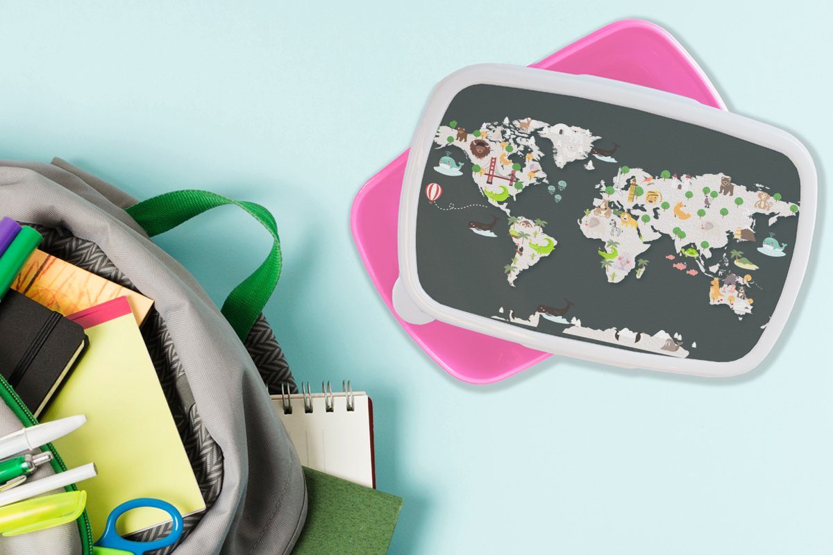 - rosa Snackbox, Kunststoff Mädchen, Tiere, - Brotdose Brotbox Erwachsene, für Kunststoff, (2-tlg), Lunchbox Kinder, Kinder MuchoWow Weltkarte