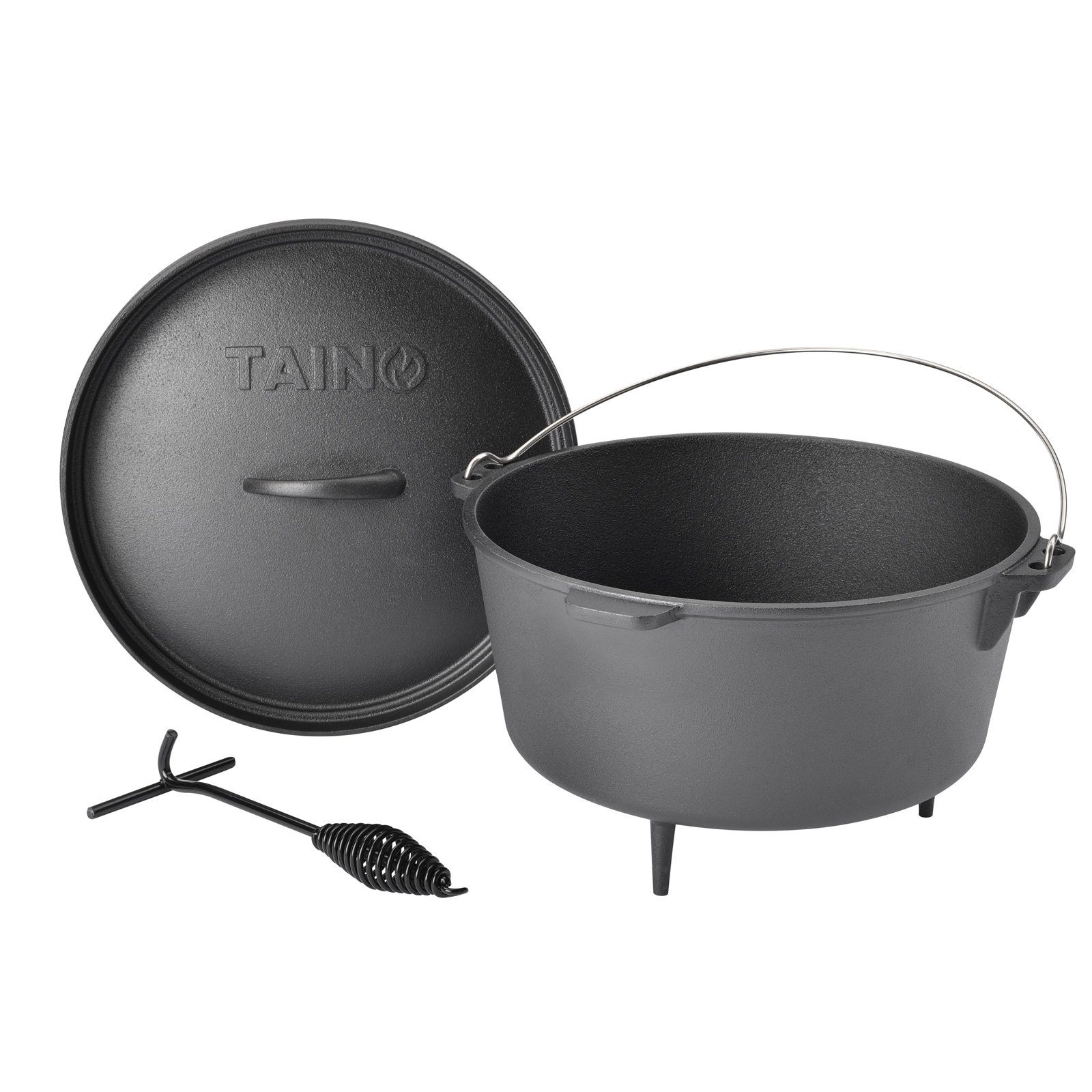 TAINO Feuertopf Dutch Oven, Gusseisen (1-tlg., 1x TAINO Dutch Oven 8L inkl. Deckelheber), 8L, Ø 30cm, Gusseisen, Schmortopf, inkl. Deckelheber, Schwarz