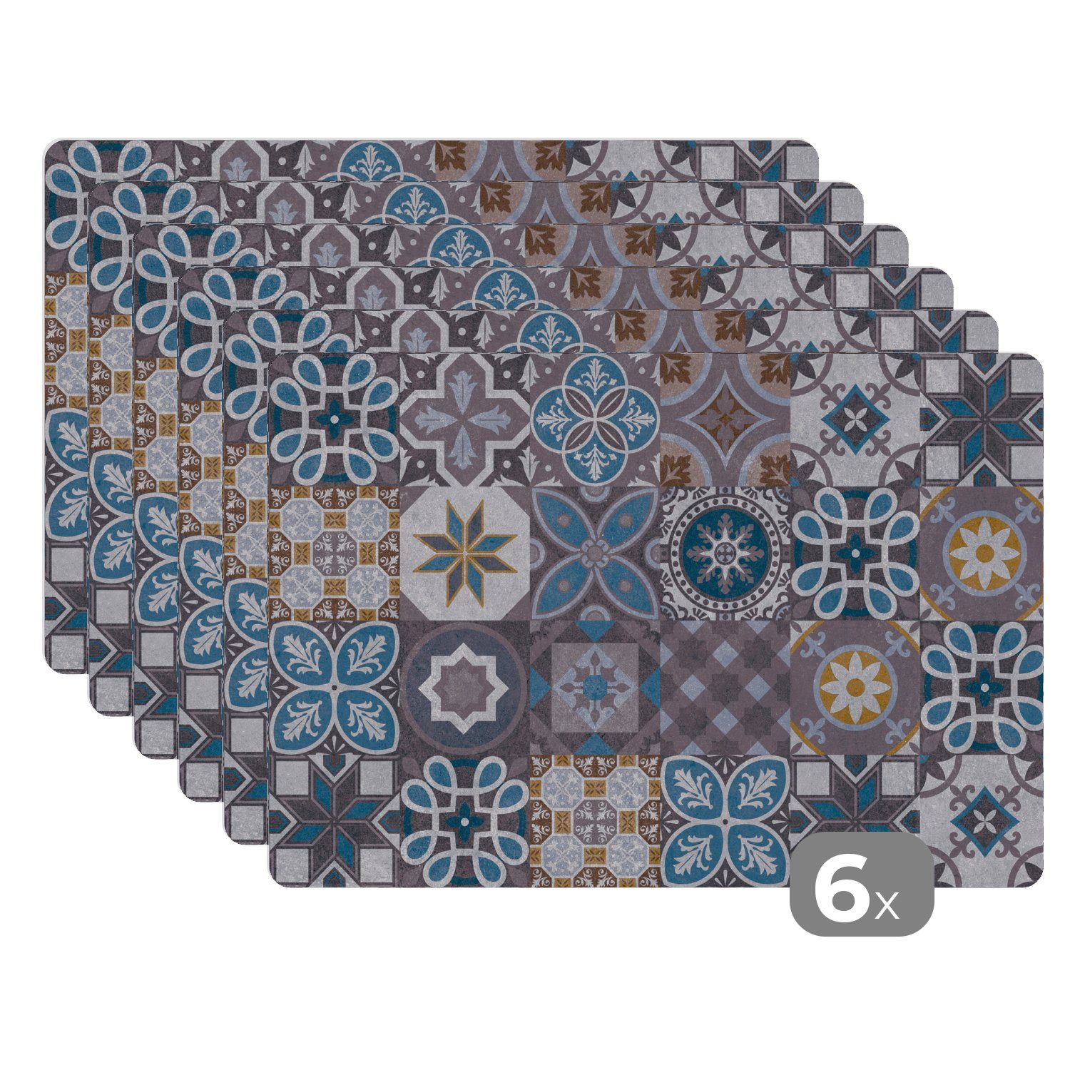 Platzset, Blumen - Muster - Blau - Braun, MuchoWow, (6-St), Platzset, Platzdecken, Platzmatte, Tischmatten, Schmutzabweisend