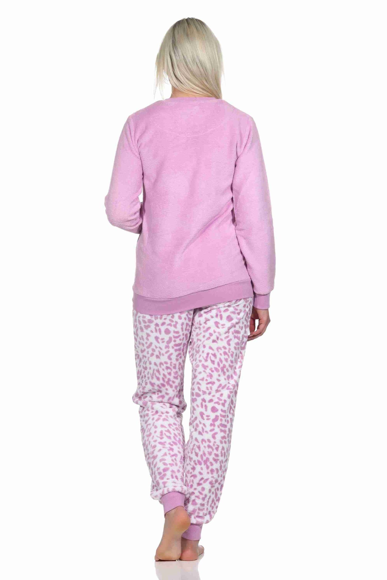 aus mit Look im Coralfleece Pyjama Bündchen langarm Animal Damen Schlafanzug Normann pink