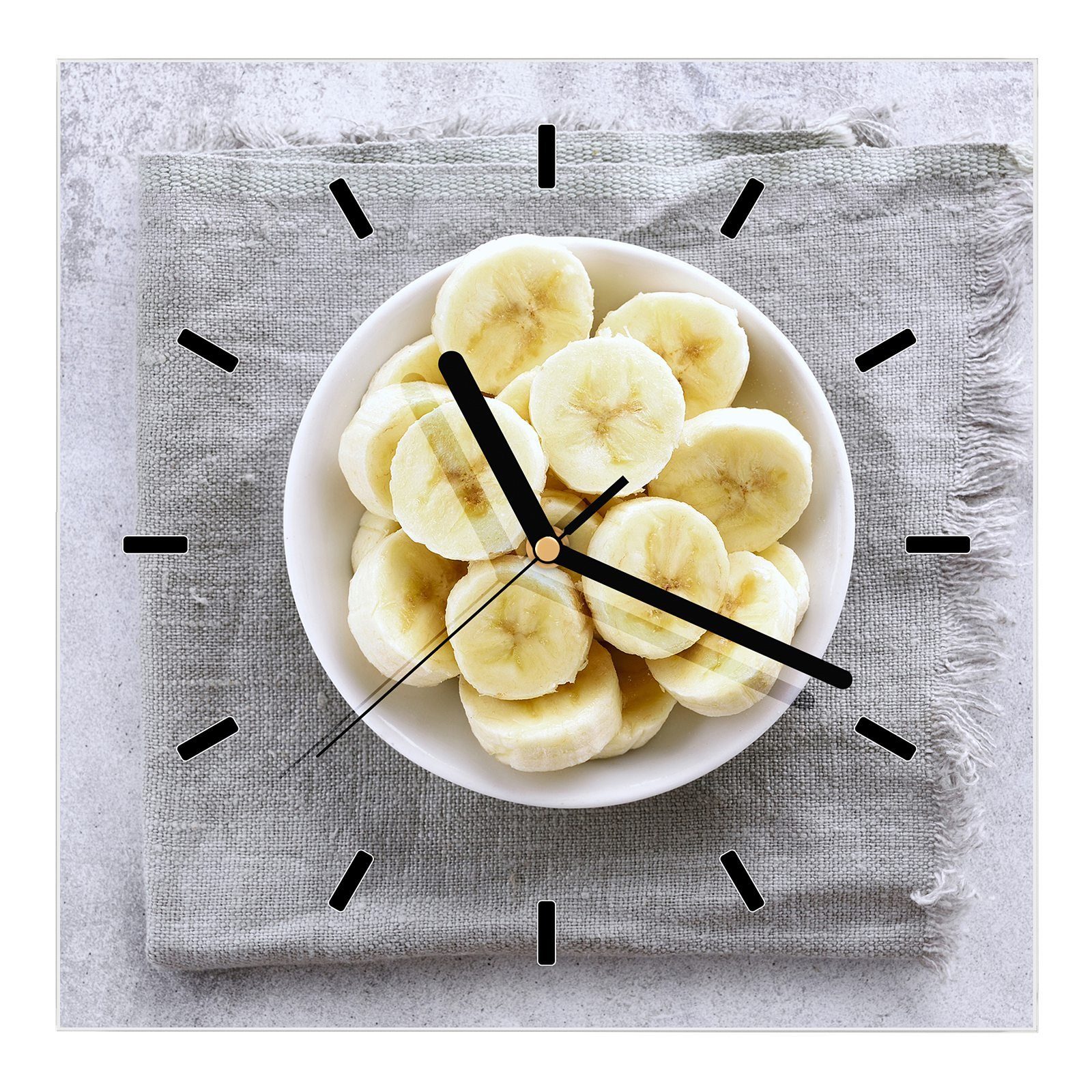Primedeco Bananen in Größe 30 mit Glasuhr x cm Schale Wanduhr Wandkunst Motiv Wanduhr 30