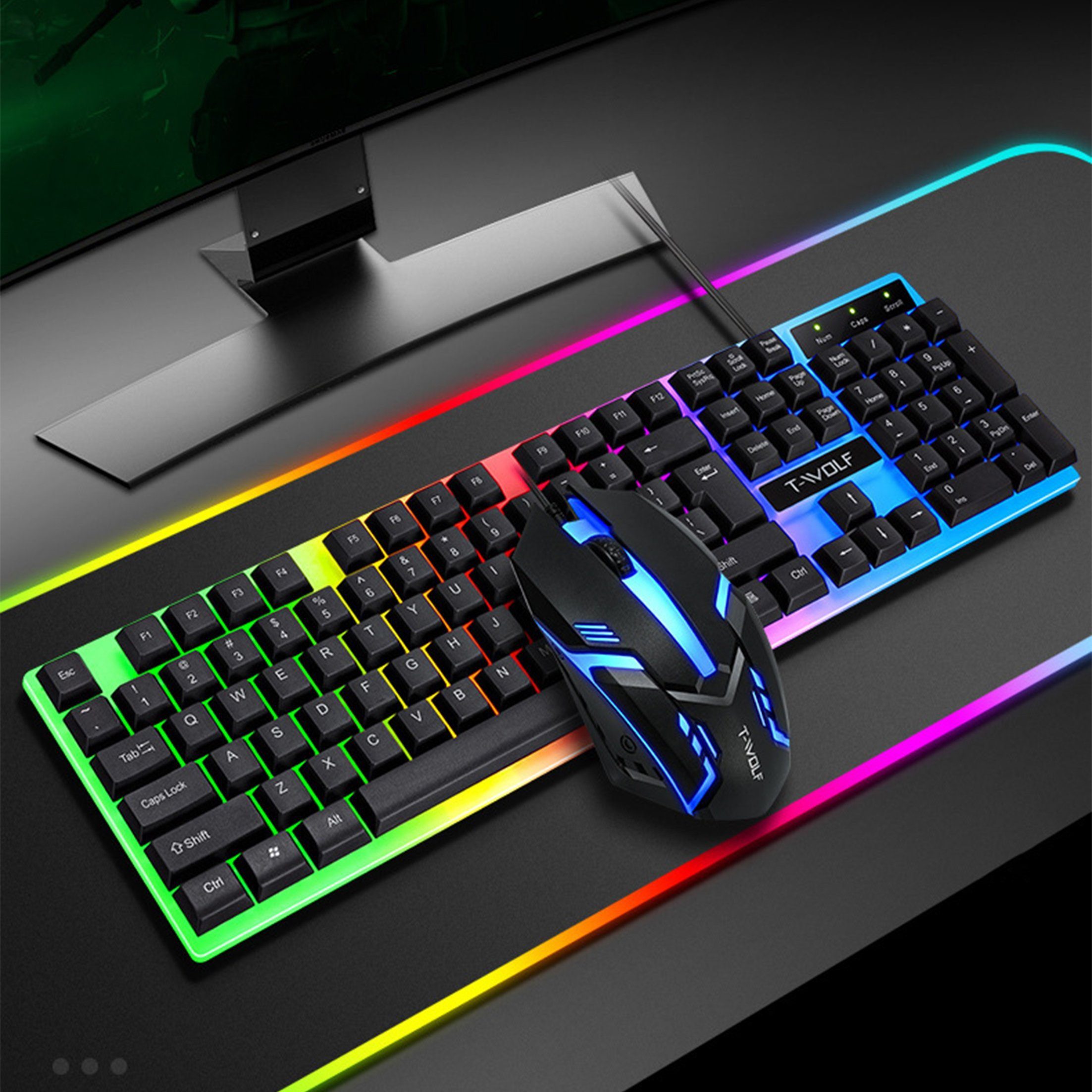 KINSI Kabelgebundene Tastatur und Maus Set mit schwebenden Tasten Tastatur- und Maus-Set, kühler RGB-Hintergrundbeleuchtung – Bild 5 von 5