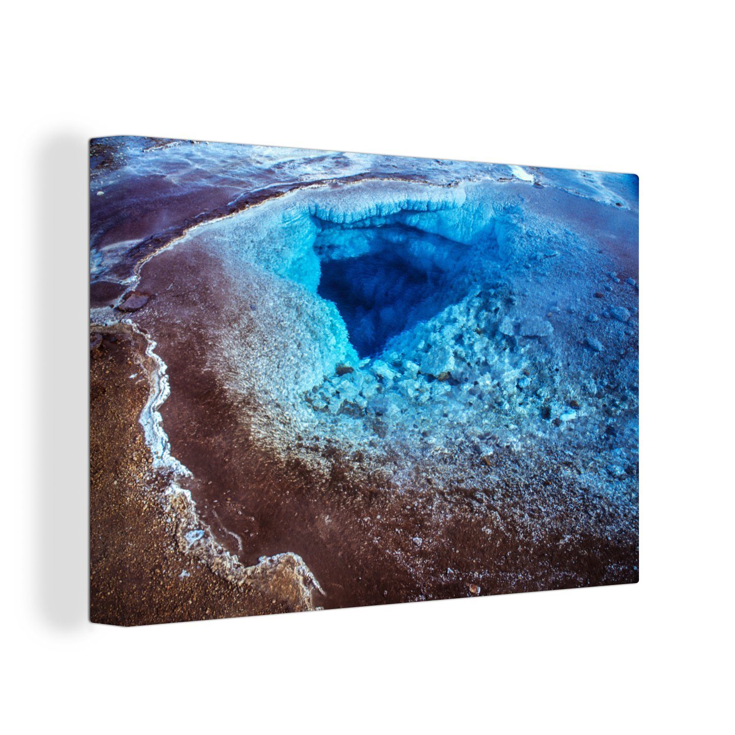 Island, Europäischen 30x20 Geysir Leinwandbilder, OneMillionCanvasses® hellblaue Wasser St), Leinwandbild Das cm Wanddeko, (1 Wandbild in am Aufhängefertig,