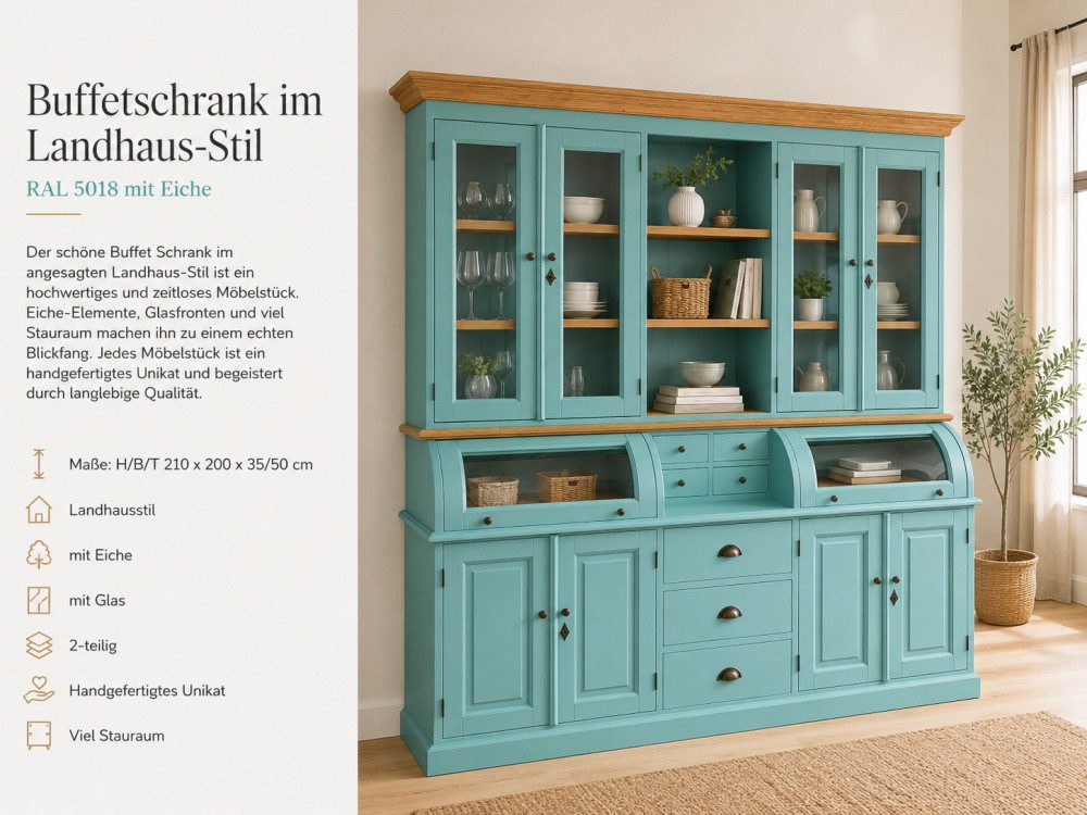 Wohnpalast Buffet Buffet Schrank Berlin 200 cm türkisblau mit Eiche