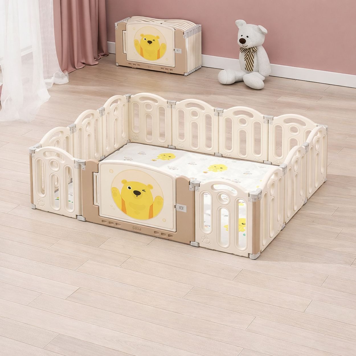 Moni Laufstall Laufstall Teddy Land 160x120cm, Matte 13 teilig faltbar Saugnäpfe Tür