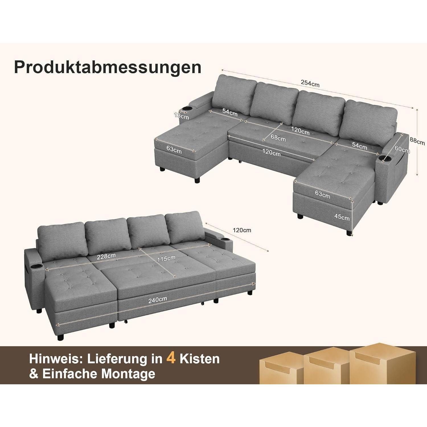 LuxusKollektion Ecksofa Ecksofa Schlafsofa Bettkasten U Form 4 Sitzer 254cm - U Hellgrau