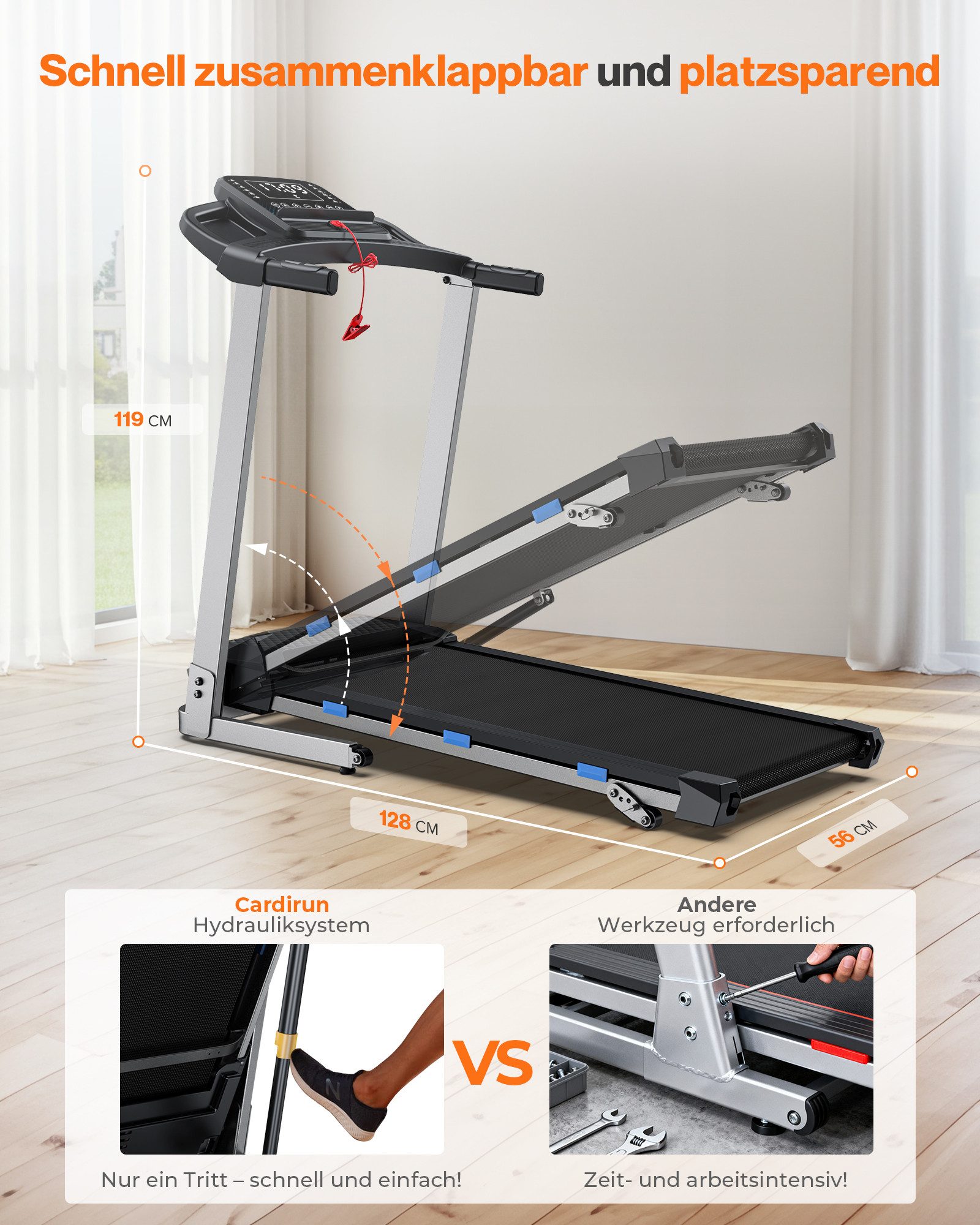 Cardirun Laufband mit Steigungsfunktion – 3,0 PS leises Modell für Zuhause, Klappbar (1-tlg., Pulssensor, Bluetooth-Lautsprecher, LED-Display, Transportrollen), Max. Belastbarkeit 160 kg, 12 km/h & App-Steuerung