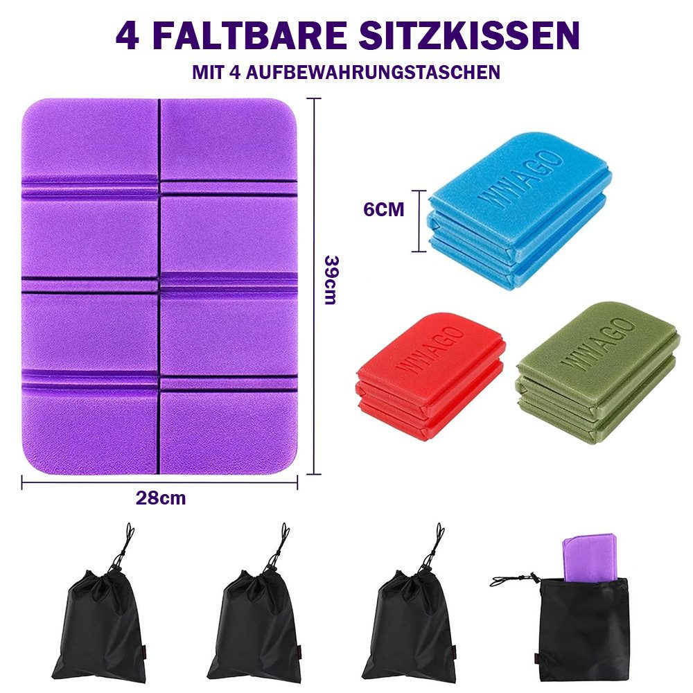 AFKSMILE Stuhlkissen 4 Stück Sitzkissen Outdoor Faltbar, XPE Wetterfest Faltbar Wasserdicht, Outdoor Sitzunterlage mit 4 Aufbewahrungstasche für Wandern Picknick