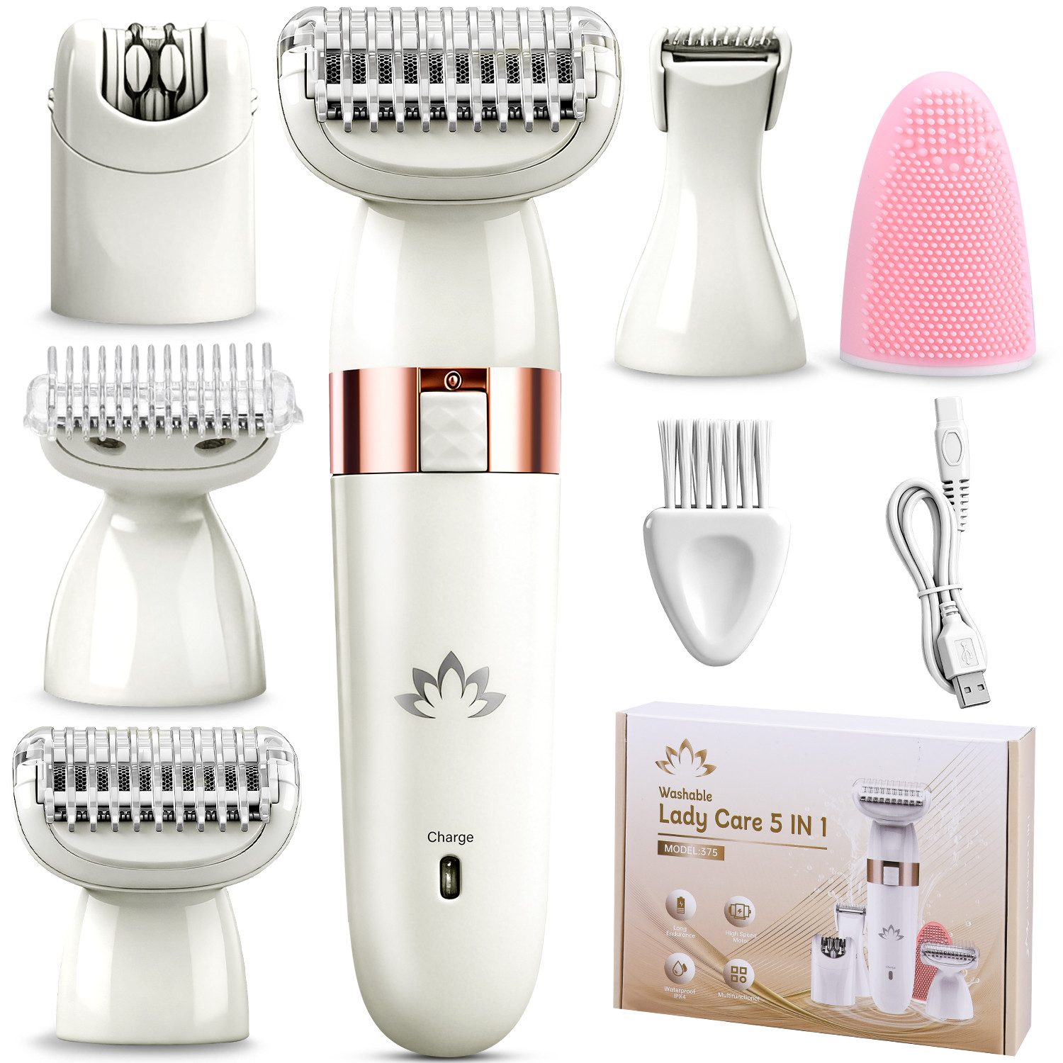 CkeyiN Epilierer Damen 5 in 1 mit Rasier-, Trimmer- & Silikon-Gesichtsreinigung Aufsatz, Aufsätze: 5 St., Nass- und Trockenepilierer Körperrasierer für seidig-glatte Haut