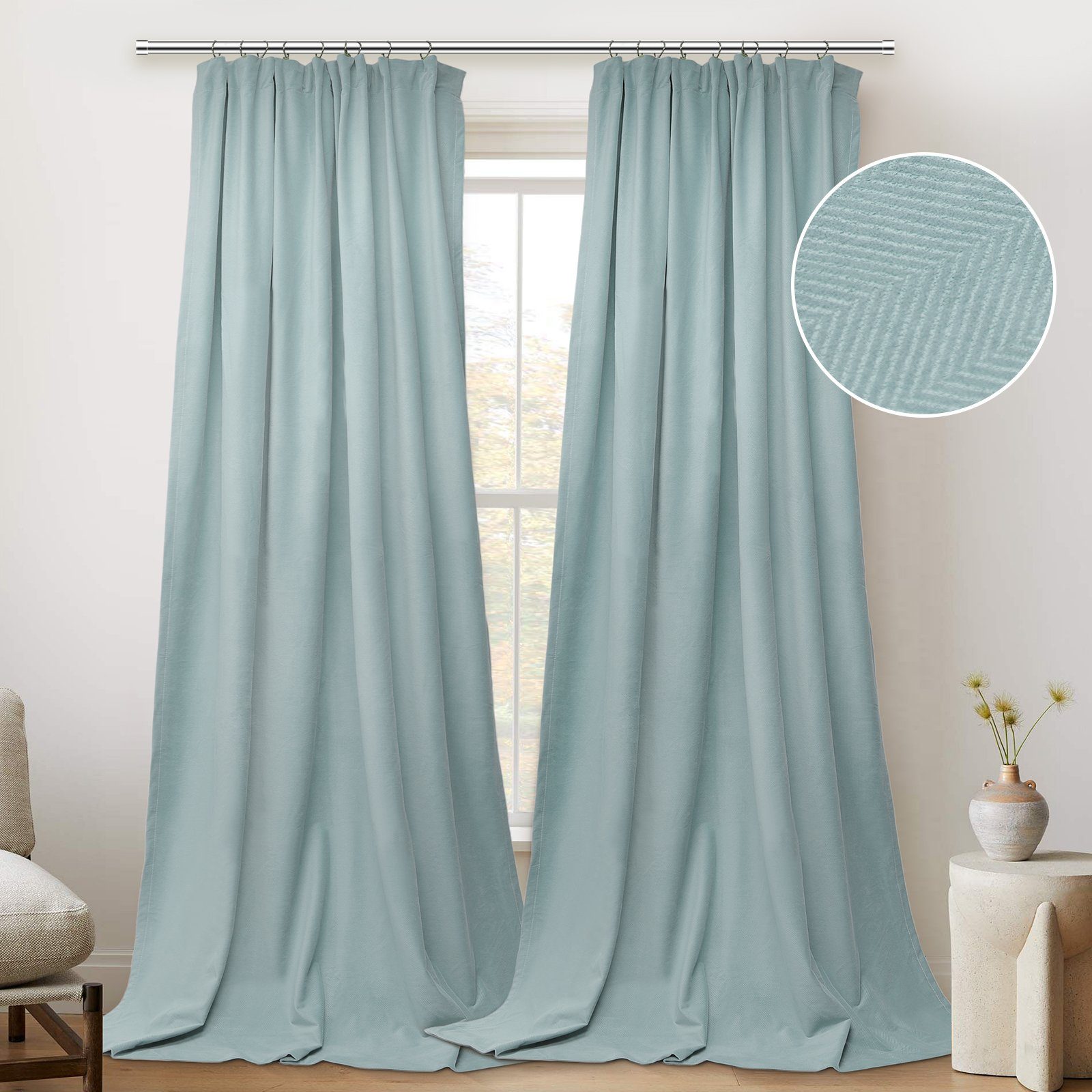 Gardine Vorhang Samt,Multifunktionsband Blickdicht Jacquard 2St.Thermovorhänge, BTTO, Verdickung,Thermischisoliert, BXH: 132X213,132X244,132X274cm,3 Farben Schiefer Blau