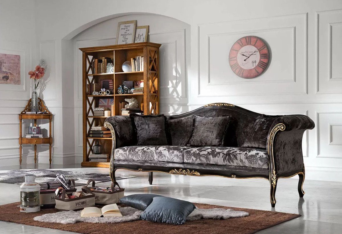 Casa Padrino / Italy Made / mit Luxus Schwarz Barock Möbel Sofa Muster in Wohnzimmer - elegantem Gold Luxus Edles - Qualität Sofa Grau - Barock Sofa 