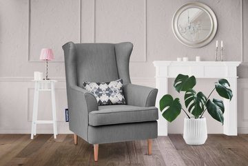 Konsimo Ohrensessel STRALIS Sessel mit Hocker, zeitloses Design, hohe Füße, inklusive dekorativem Kissen