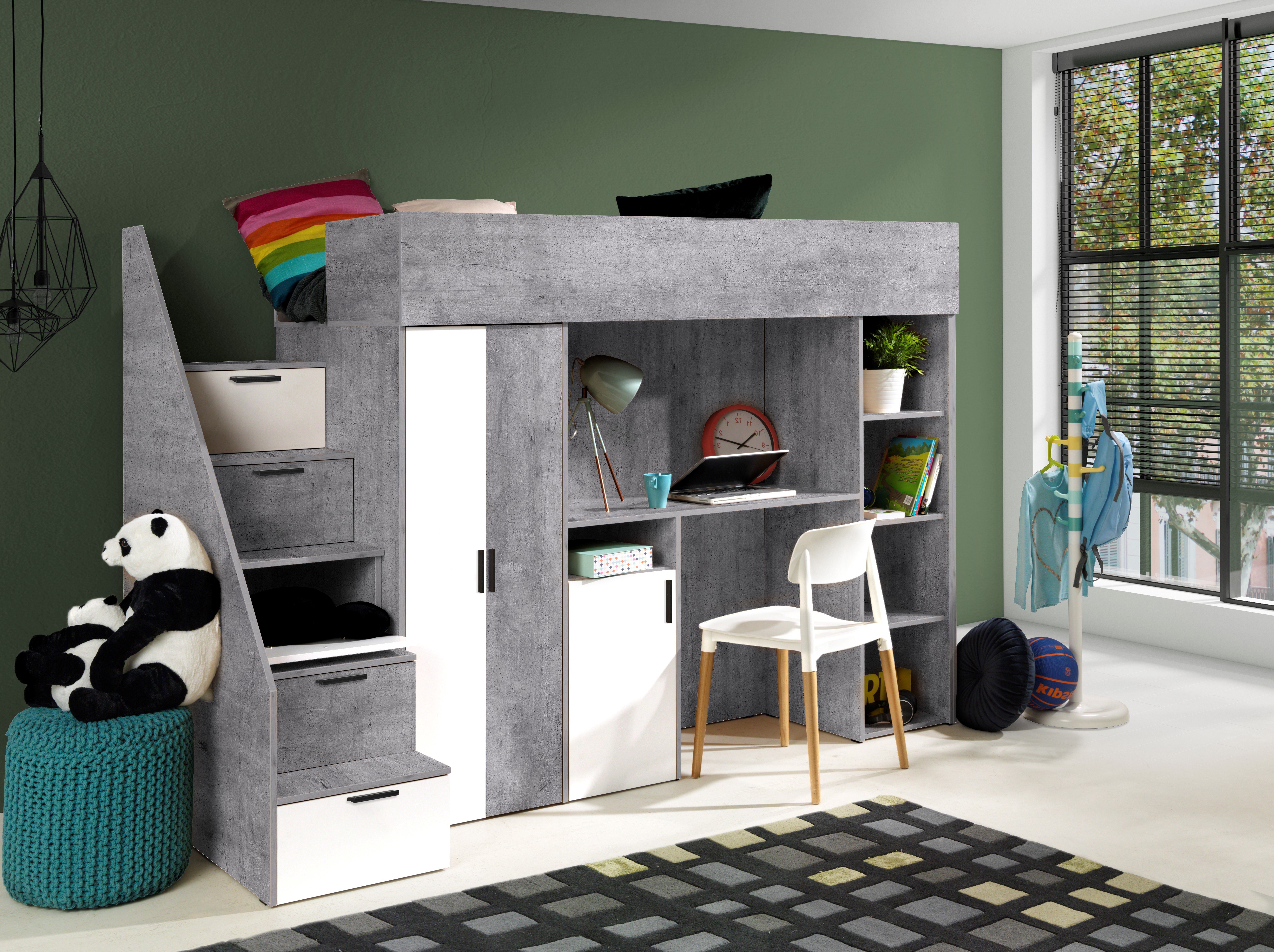 Unique Home Hochbett Kinderbett KON14, mit Schreibtisch, Kleiderschrank und Regale Beton/Weiß