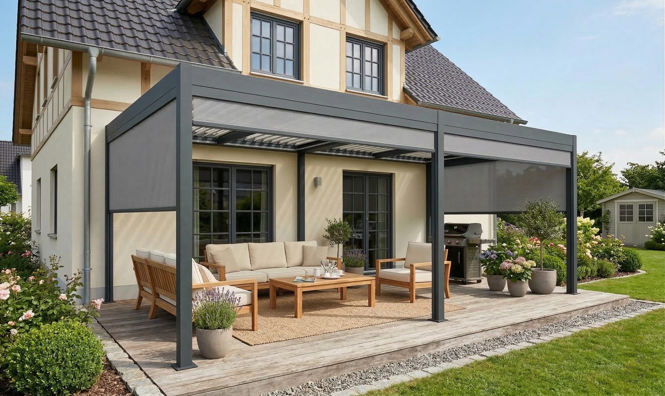 MCW Terrassendach Pergola Terrassenvordach Terrassenüberdachung 6x3m Lamellen Seitenwand