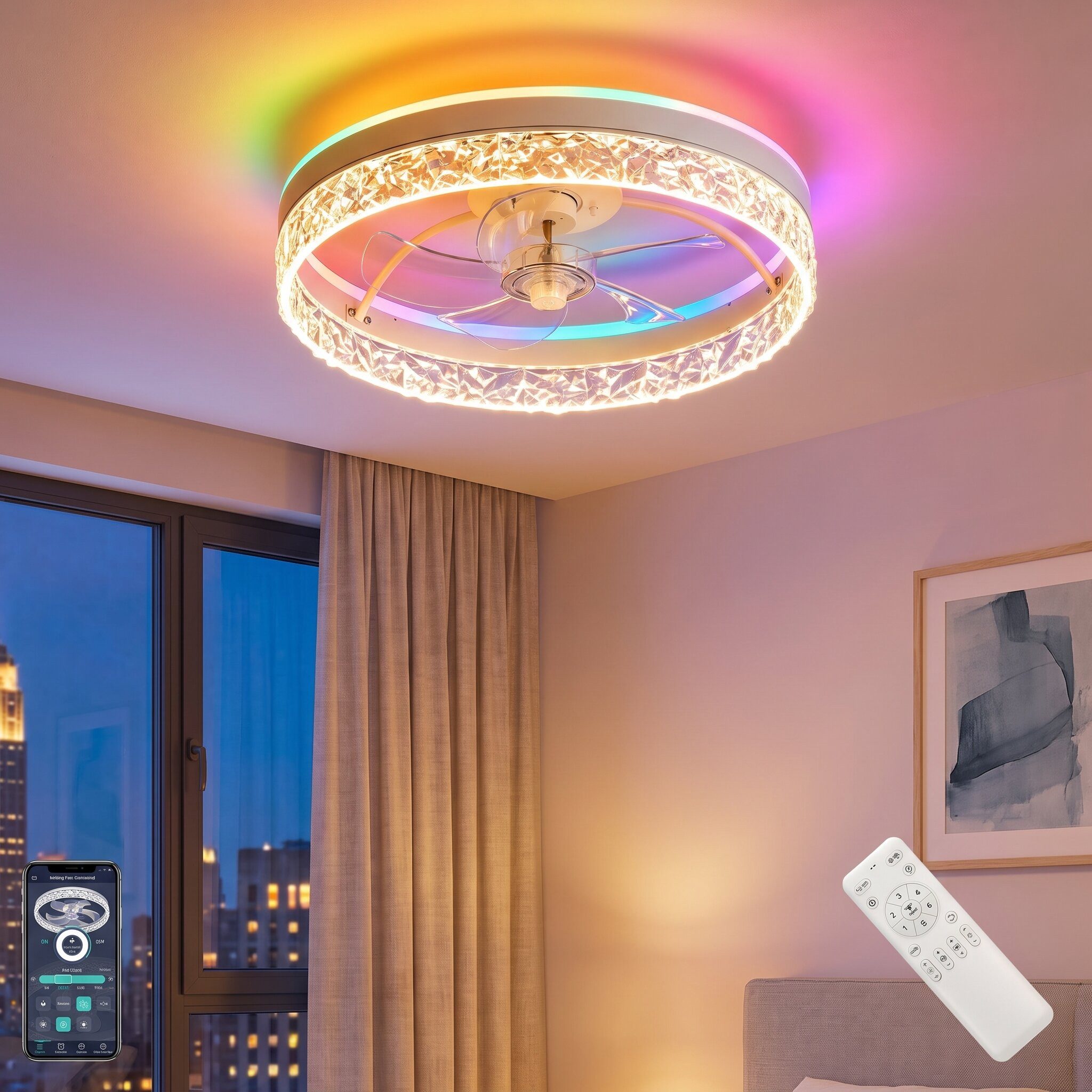 oyajia Deckenventilator 68W Leise Deckenventilator,Kristall Deckenleuchte RGB Farbwechsel 50cm, APP Dimmbar 6 Geschwindigkeiten, Mit Fernbedienung für Schlafzimmer