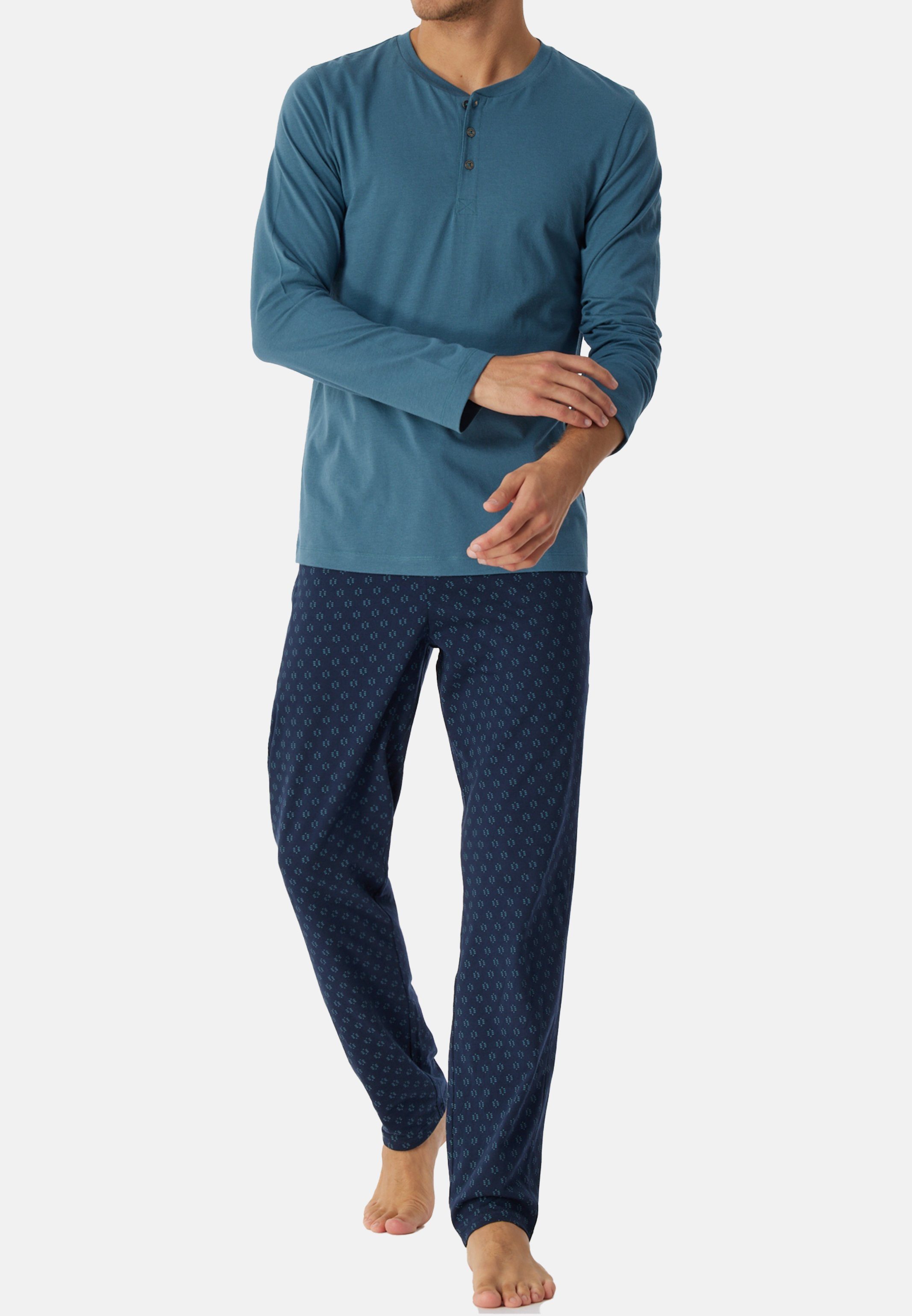 Schiesser Pyjamaoberteil Mix & - petrol (1-tlg) Schlafanzug mit Organic Cotton Relax Serafino-Kragen Oberteil Baumwolle Knopfleiste 