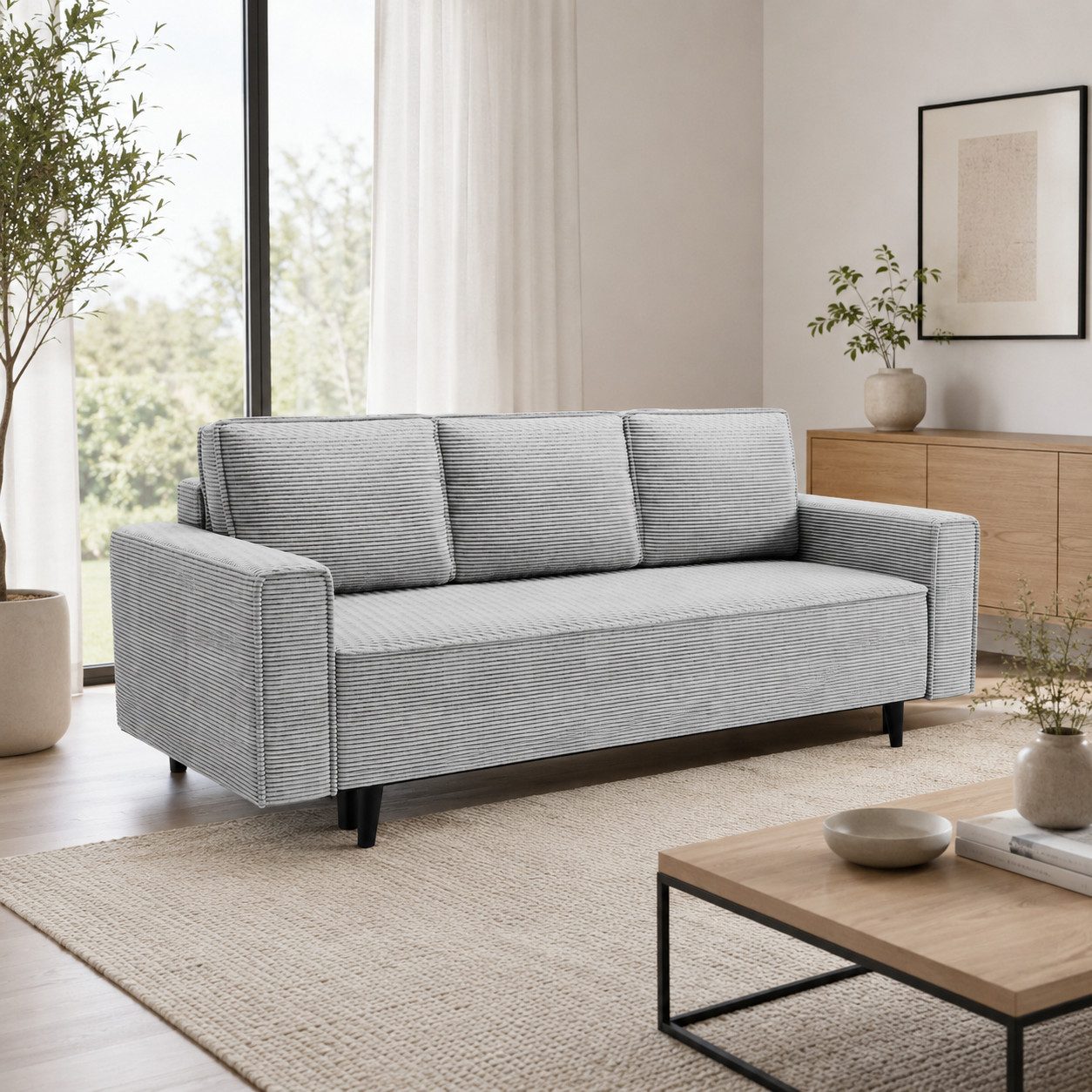Goldstoff Schlafsofa Cordstoff - LUX 225 cm - Sofa mit schlaffunktion und Bettkasten