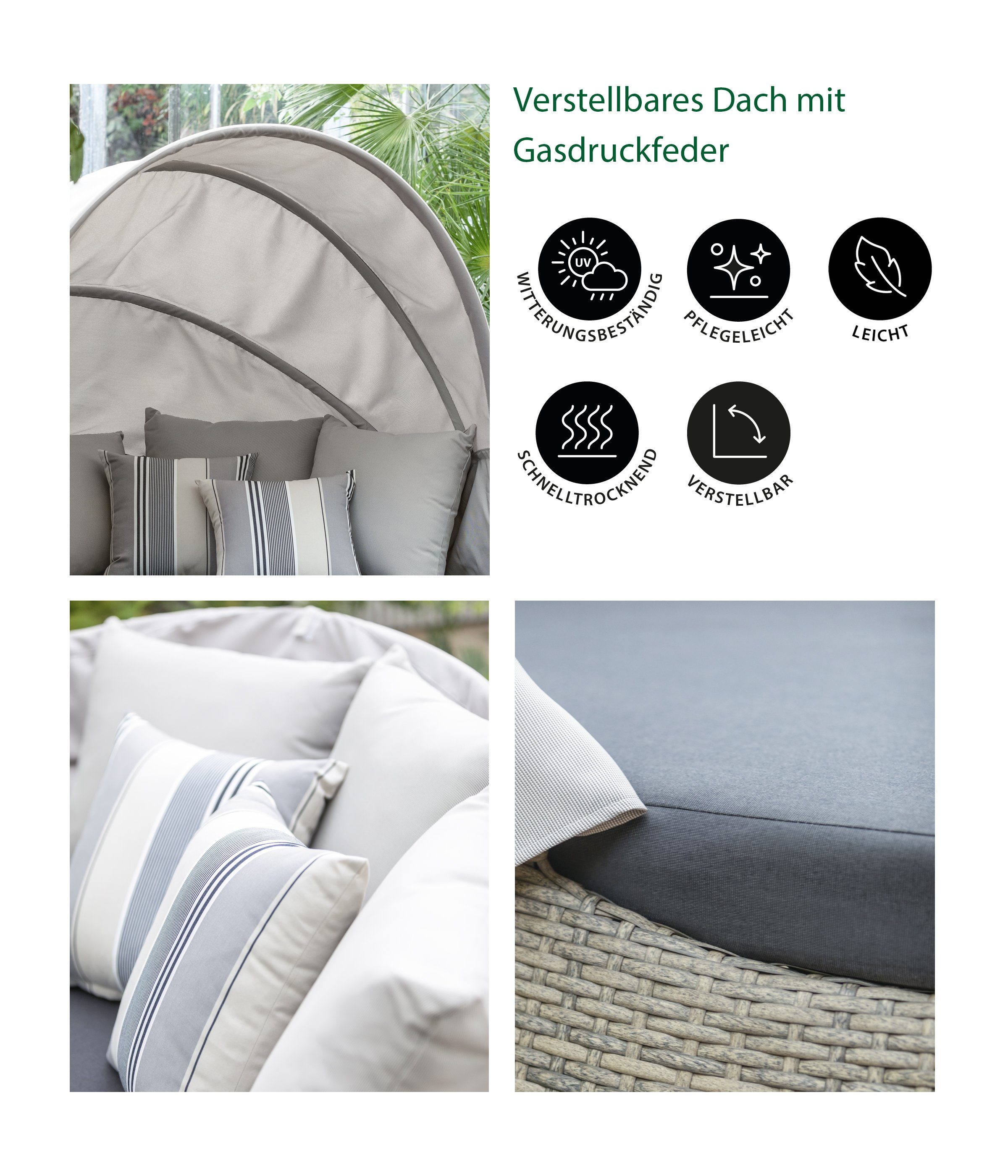 Dehner Gartenlounge-Set Sunlounger Florida mit Sonnendach, 220 x 160 x 159 cm, braun/grau, Komfortable Sonneninsel mit verstellbarem Dach inkl. Gasdruckfedern