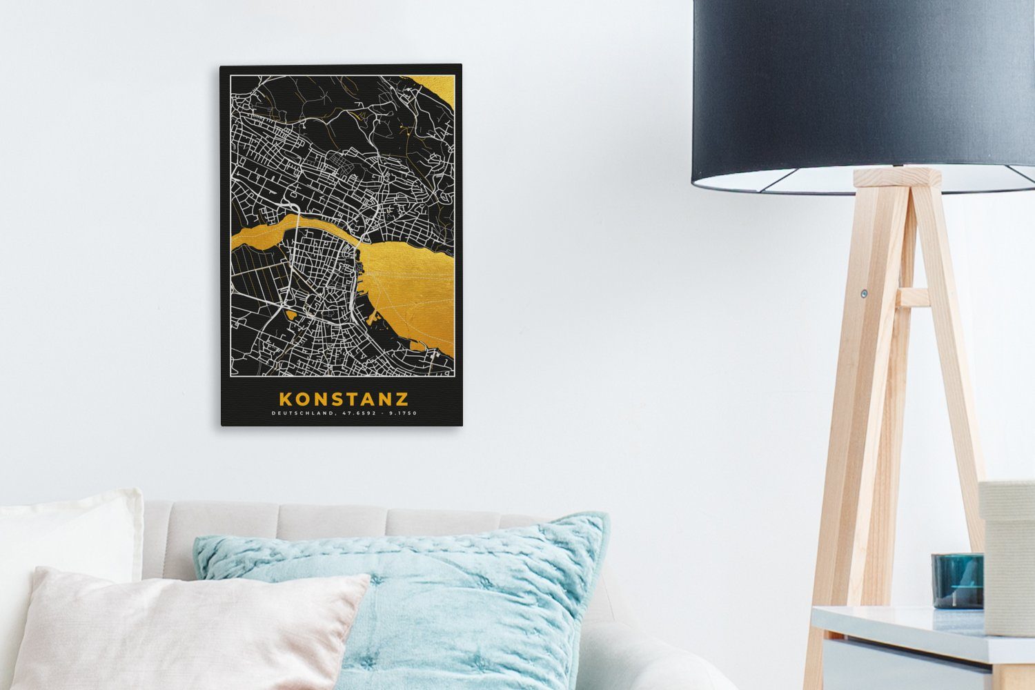 Stadtplan Konstanz 20x30 OneMillionCanvasses® Gemälde, St), (1 bespannt - Leinwandbild Gold cm Deutschland Zackenaufhänger, - Leinwandbild fertig Karte, - - inkl.