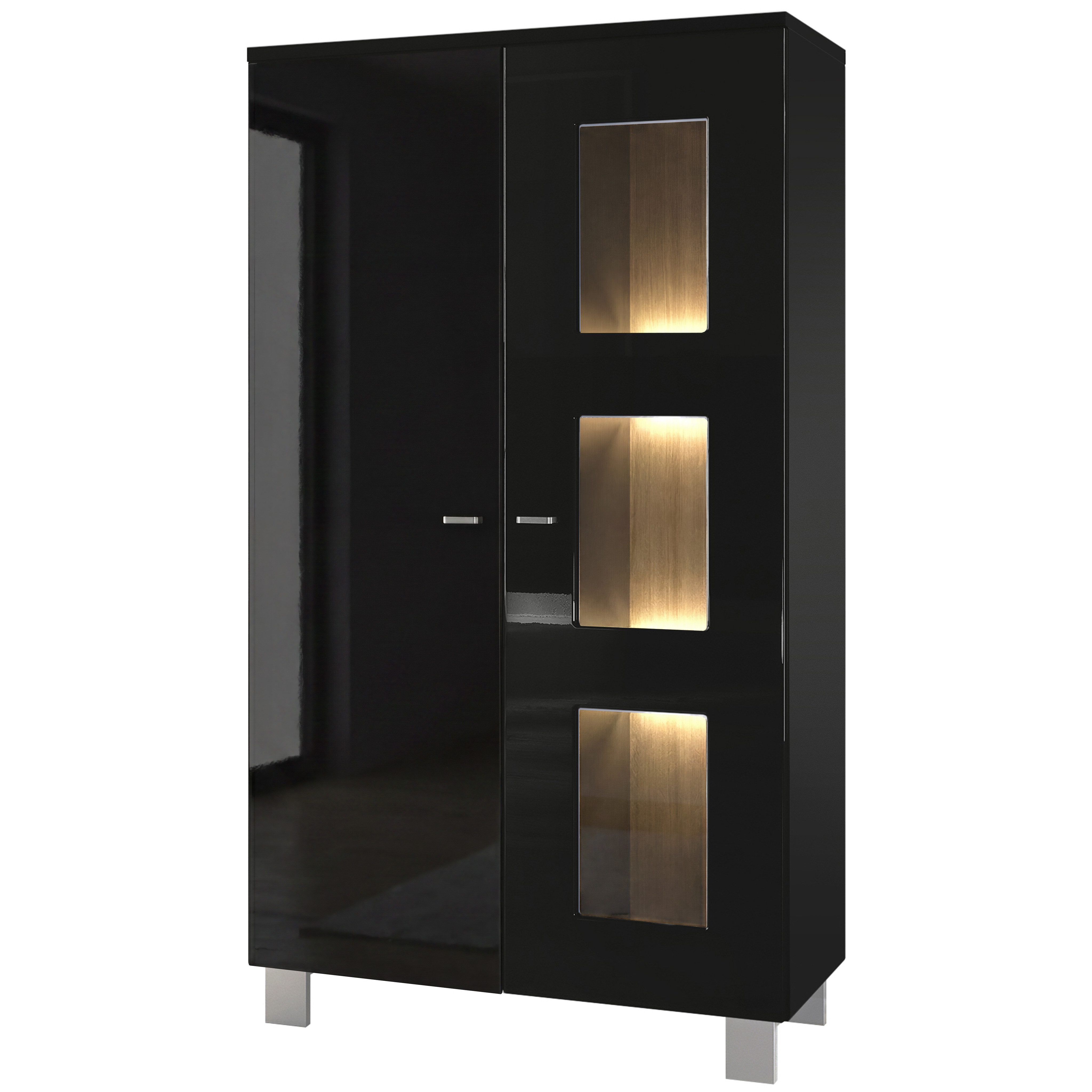 Vladon Standvitrine Denjo (Standvitrine, mit 2 Türen und 3 Glaseinsätzen) Schwarz matt/Schwarz Hochglanz, inkl. LED-Beleuchtung (71x129x35 cm)