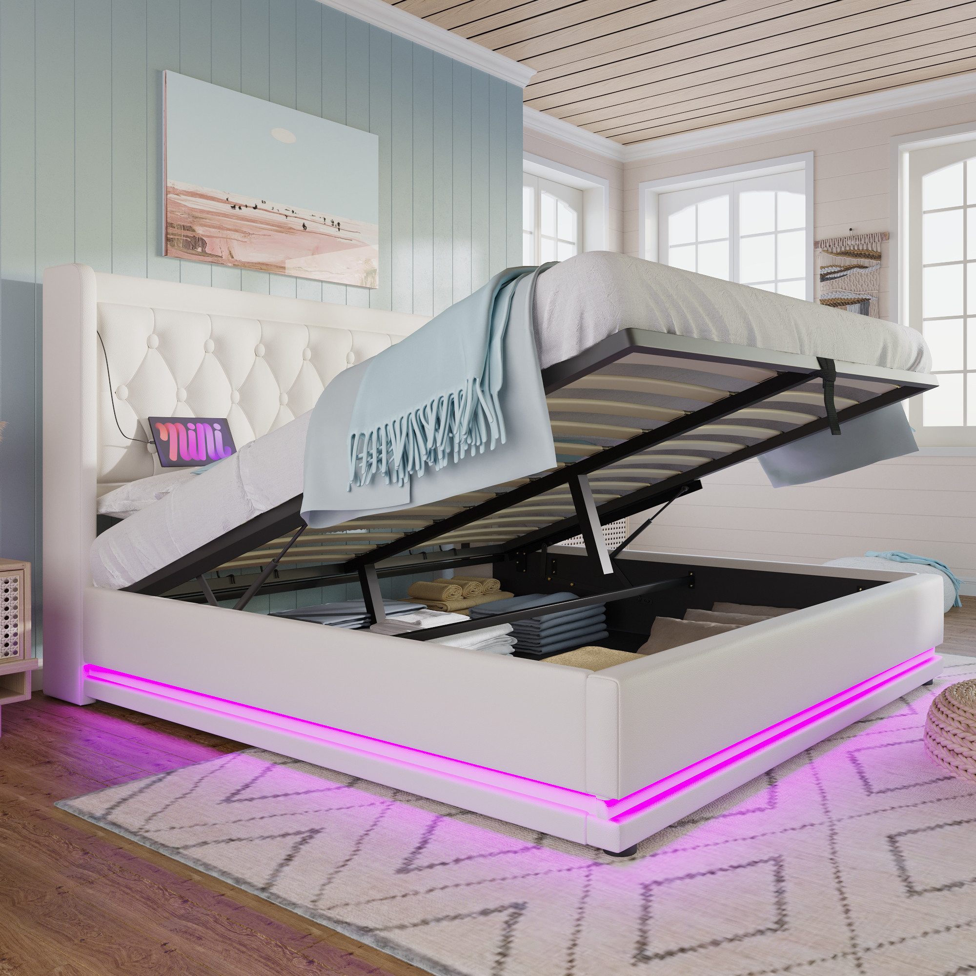 Flieks Polsterbett, LED Hydraulisches Stauraumbett Doppelbett 160x200cm mit günstig online kaufen