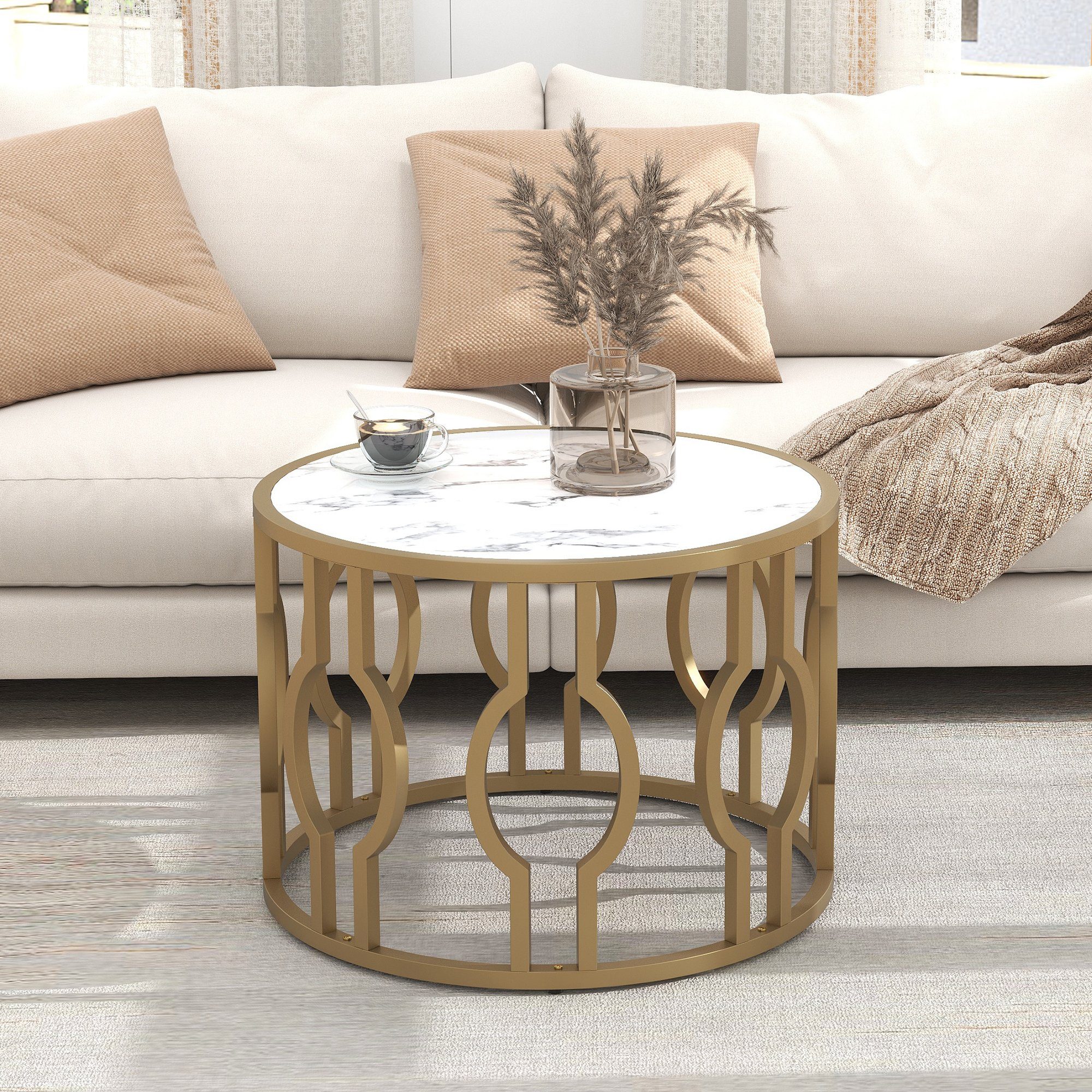 70*46.5cm), Sofatisch Metallrahmen Rund mit weißes Wohnzimmer golden Tisch Couchtisch OKWISH Beistelltisch Marmoroptik (Mamormuster Beistelltisch