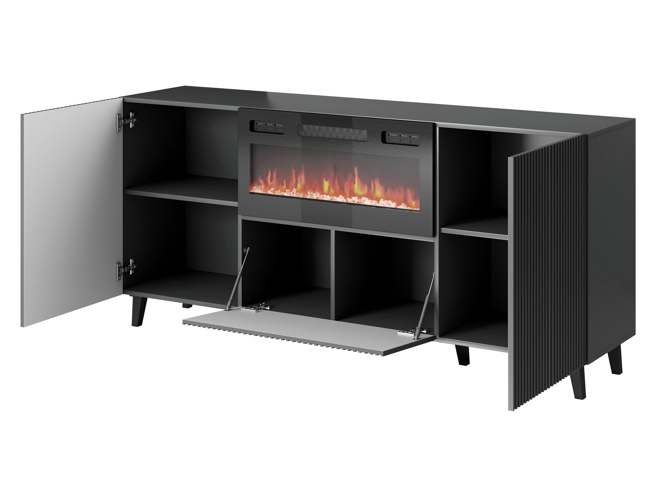 MIRJAN24 Kommode Vamos Grey 180 mit Kamin (mit 2 Türen und Klappe), Fronten gefräst, Realistische LED-Flamme – Bild 3 von 5