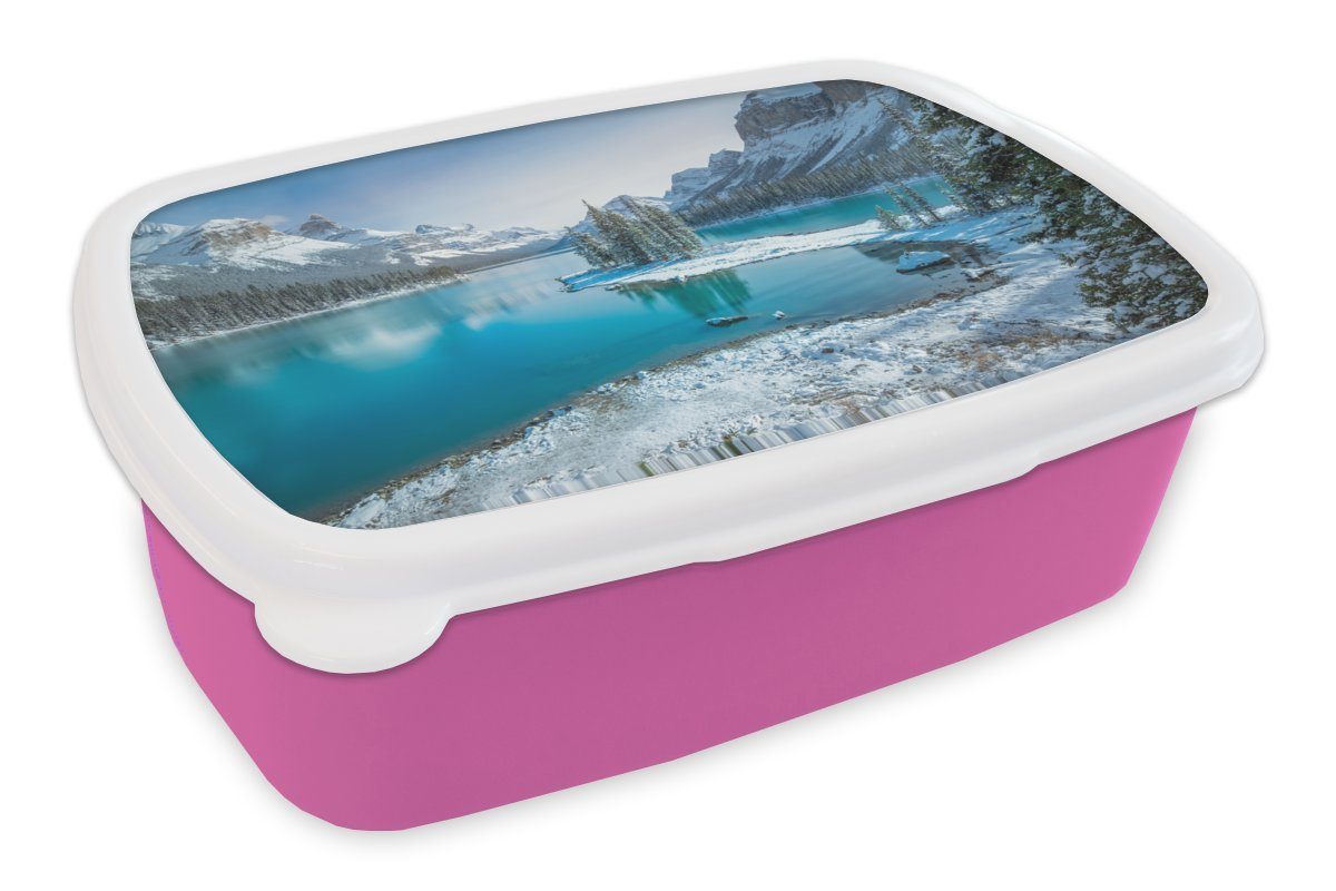MuchoWow Lunchbox Landschaft - Schnee - Winter - Wasser - Berg, Kunststoff, (2-tlg), Brotbox für Erwachsene, Brotdose Kinder, Snackbox, Mädchen, Kunststoff rosa