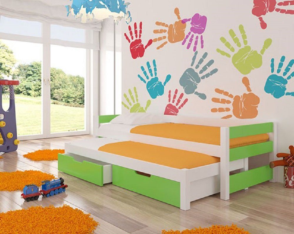 Feldmann-Wohnen Kinderbett FRAGA (mit 2 Schlafgelegenheiten), Farbe wählbar Kiefer weiß / Absetzungen: grün | Jugendbetten