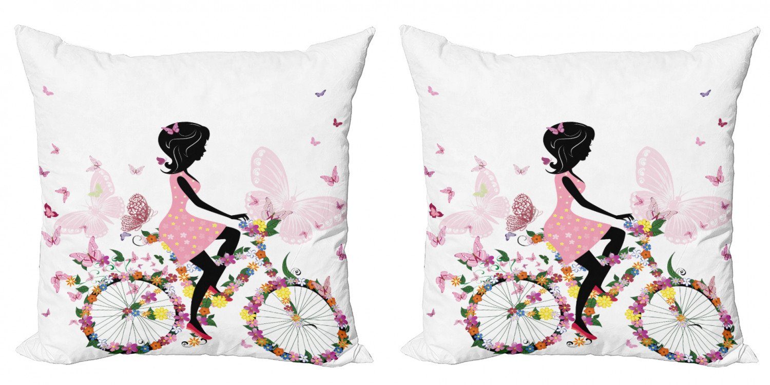Kissenbezüge Modern Accent Doppelseitiger Digitaldruck, Abakuhaus (2 Stück), Fahrrad Mädchen Blumen Schmetterlinge