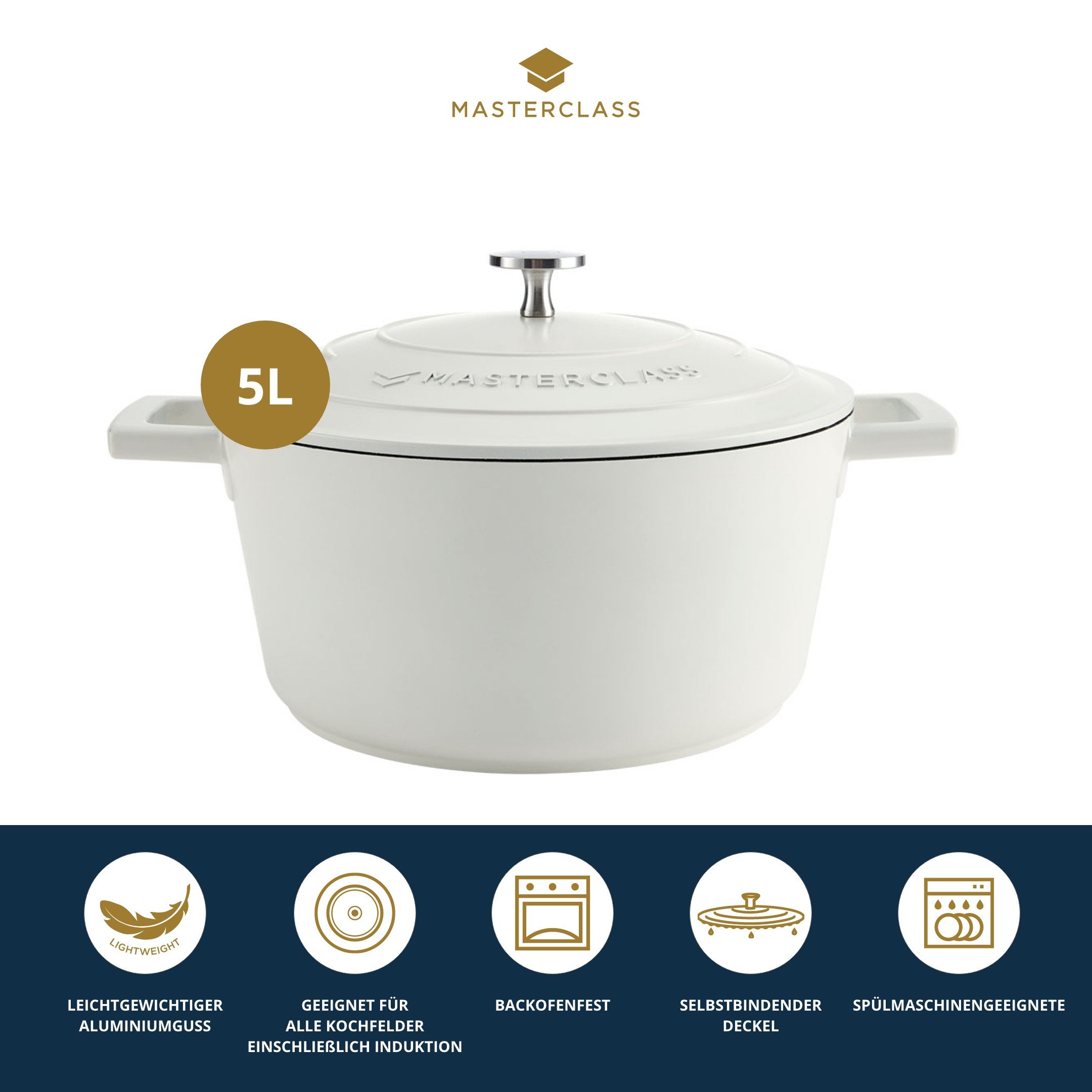 MasterClass Kasserolle MasterClass, Aluminiumguss, 5 Liter, rund, ultraleicht, kratzfeste Antihaftbeschichtung, Induktion