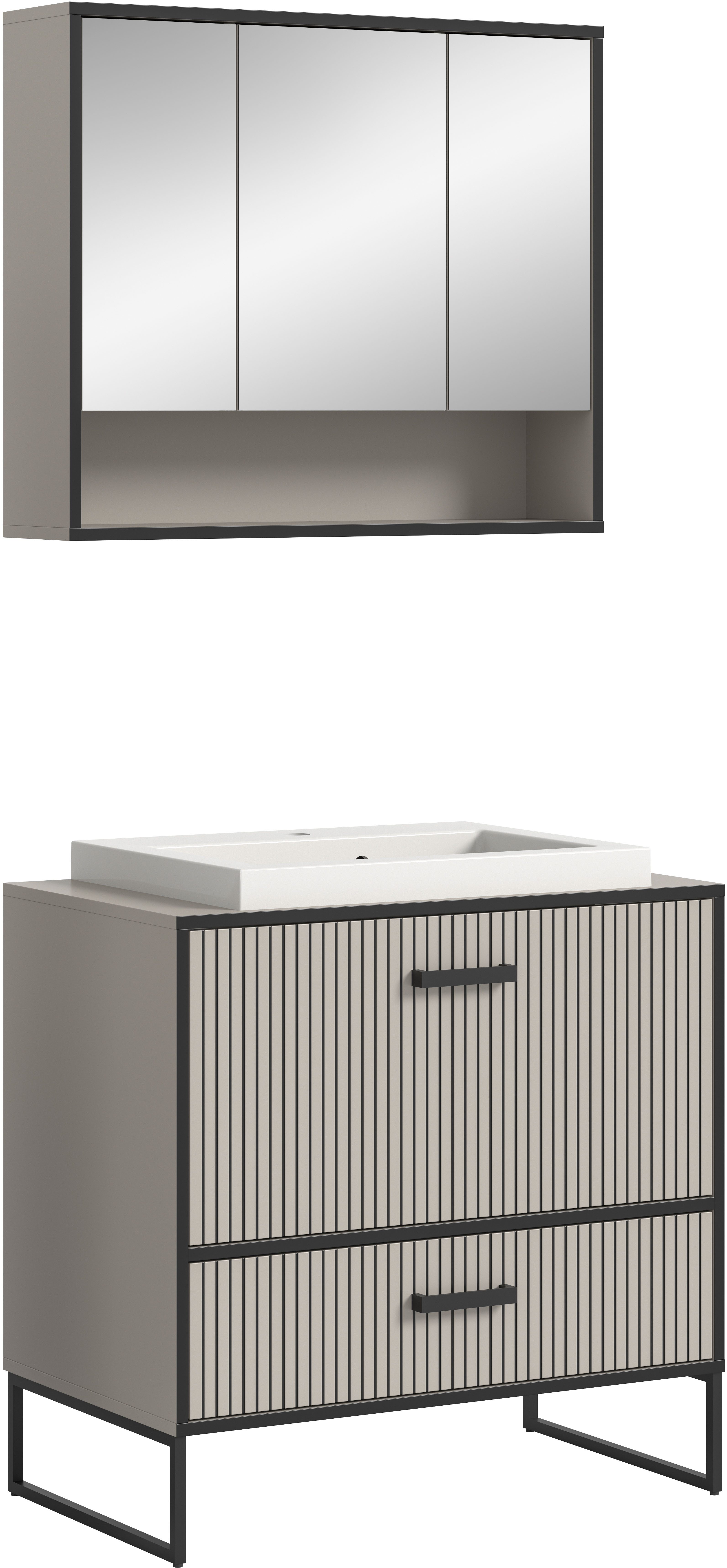 welltime Badmöbel-Set Locri, Breite 80 cm, Rillenoptik, Metallkufen, (2-St), best. aus: Spiegelschrank, Waschtisch