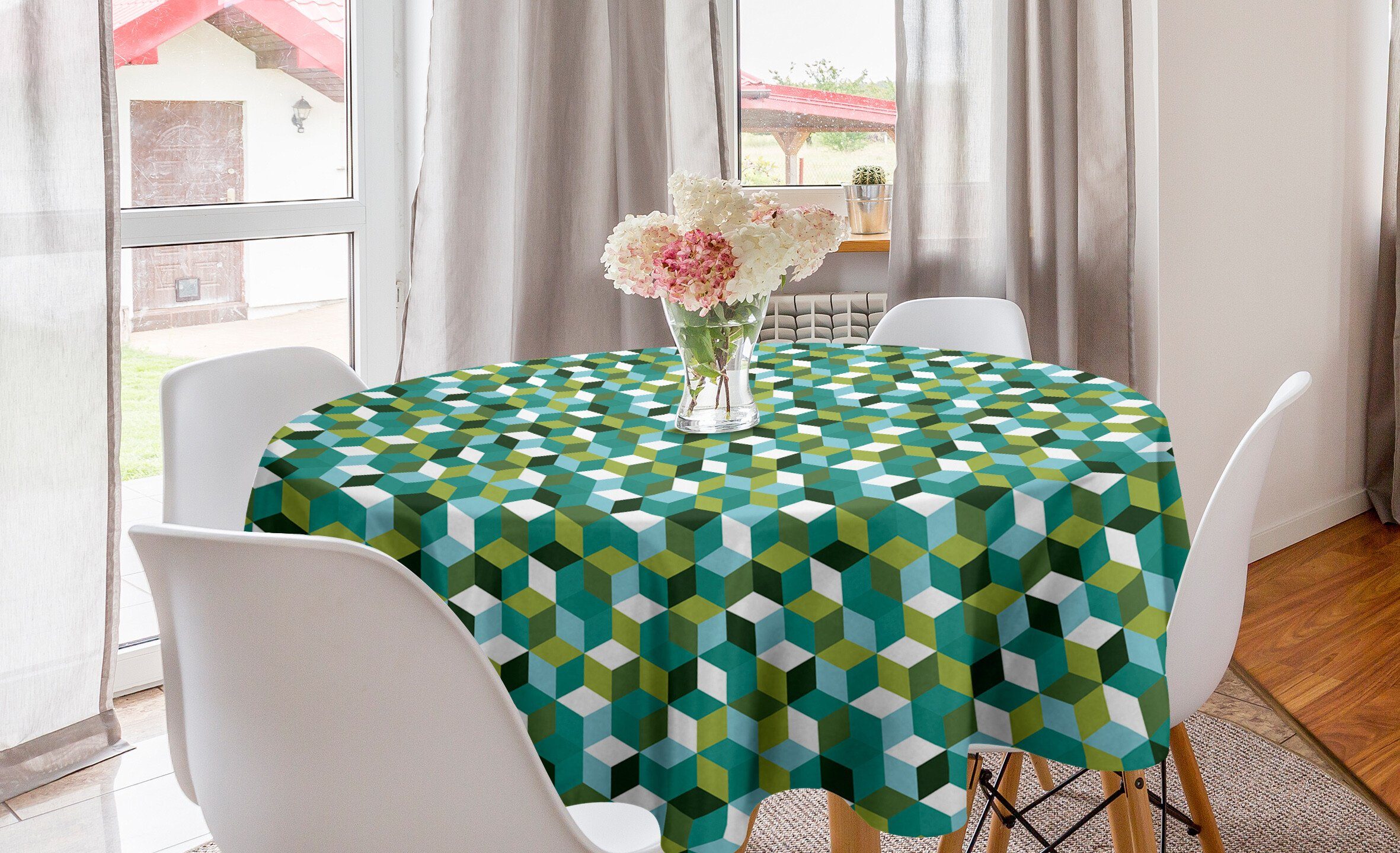 Abakuhaus Tischdecke Kreis Tischdecke Abdeckung für Esszimmer Küche Dekoration, Abstrakt Moderne Farbige Würfel