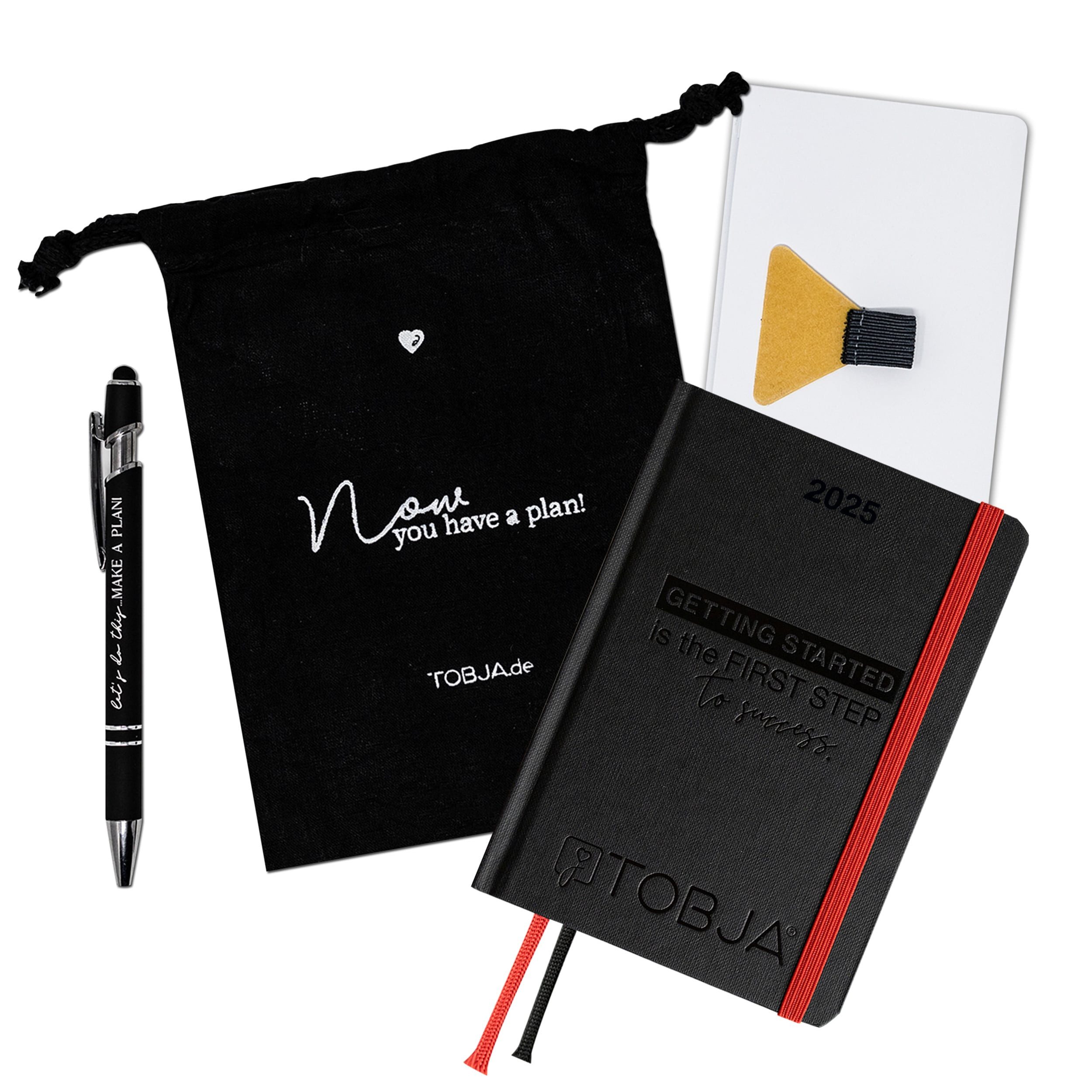 TOBJA Taschenkalender Taschenkalender 2025 A6 schwarz inkl. Zubehör Set, Terminplaner mit Froschtasche, Stift, Pen-Loop und Beutel