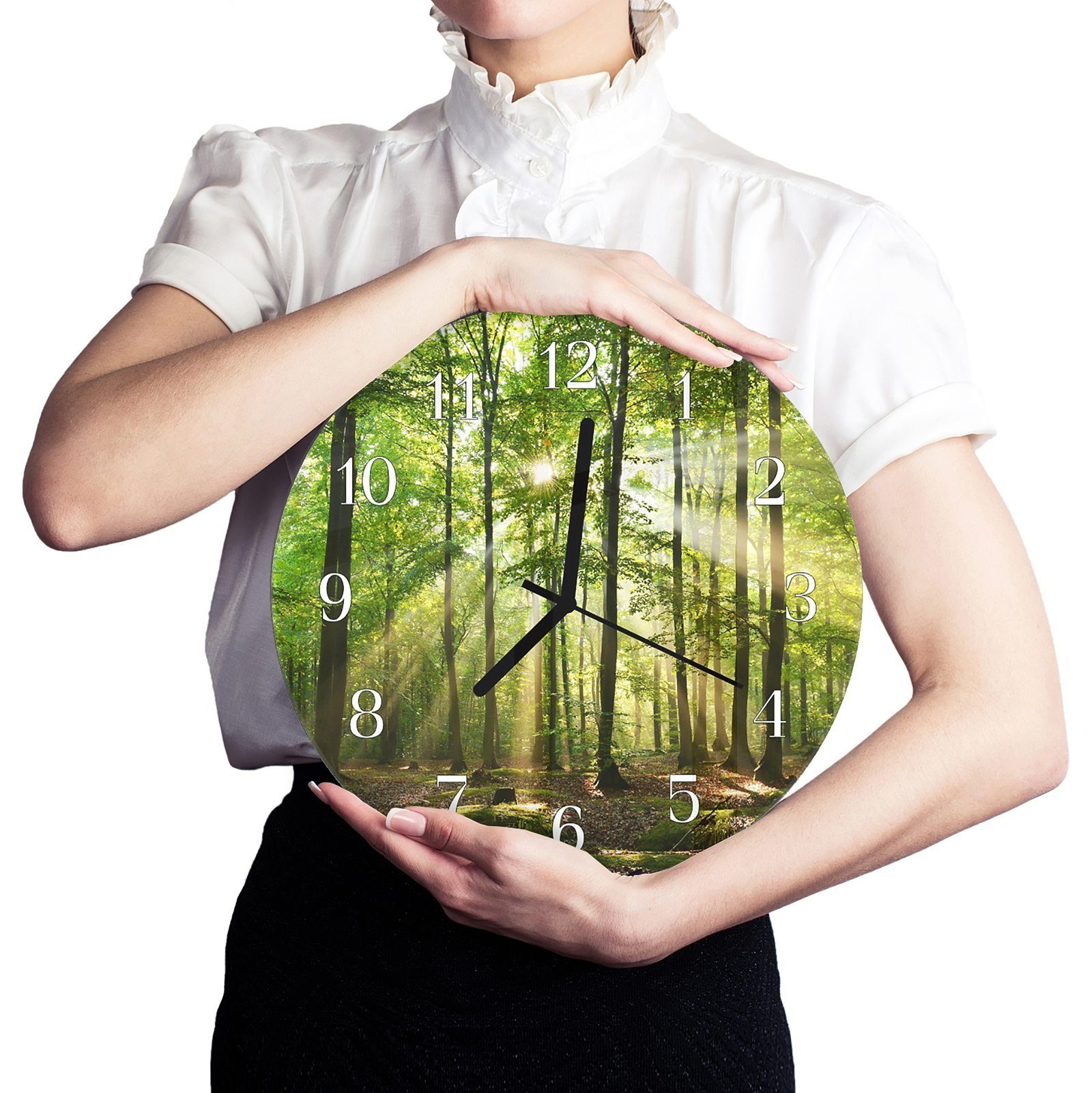 Primedeco Quarzuhrwerk Wanduhr Wald und Sonnenstrahlen - mit Rund Motiv Glas 30 mit aus mit cm Wanduhr Durchmesser