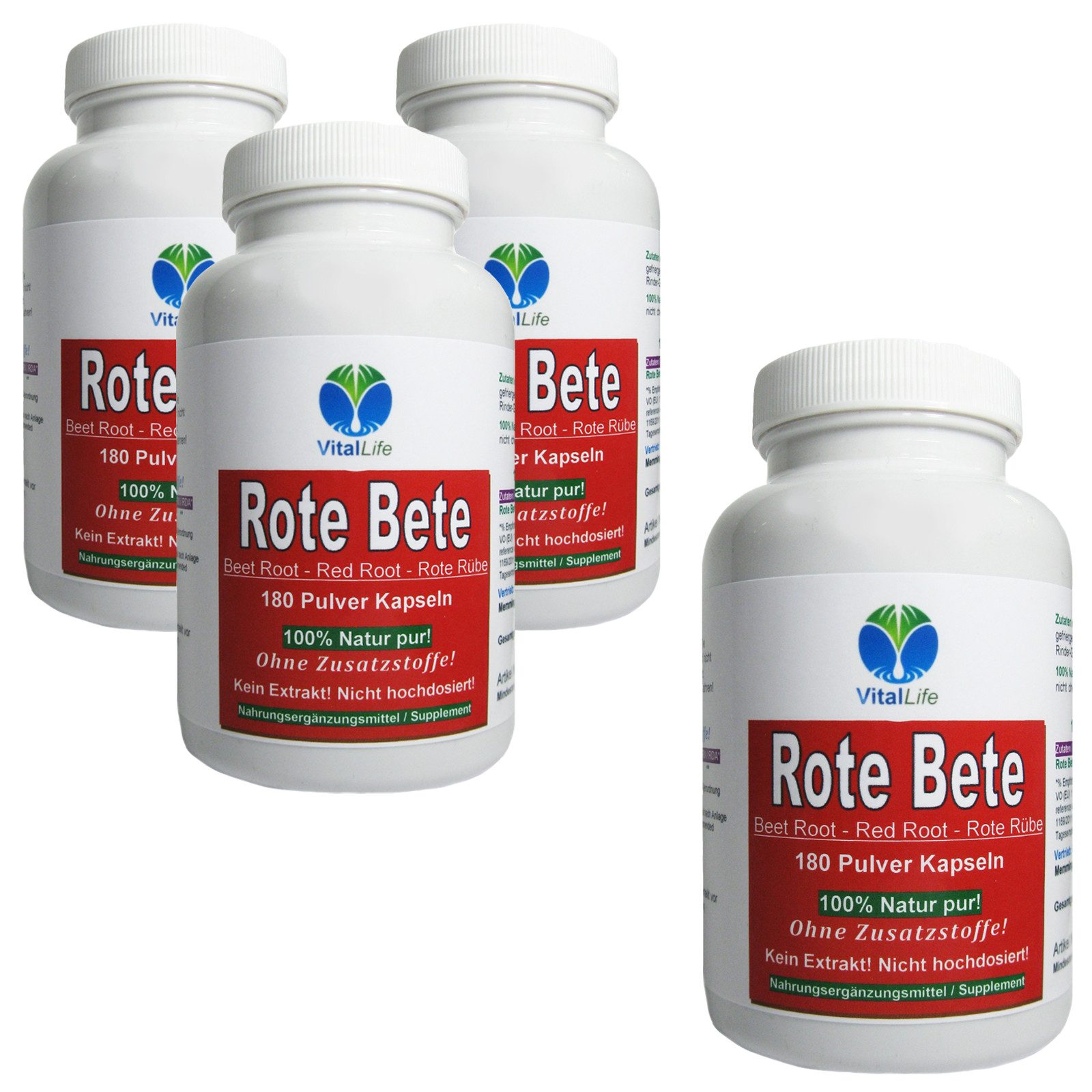 VitalLife Rote Beete rote Bete reines Wurzel-Pulver. NATUR Pur OHNE Zusatzstoffe Kapseln, 4 er Dose à 180 St., 420 g, Art. 26316-720