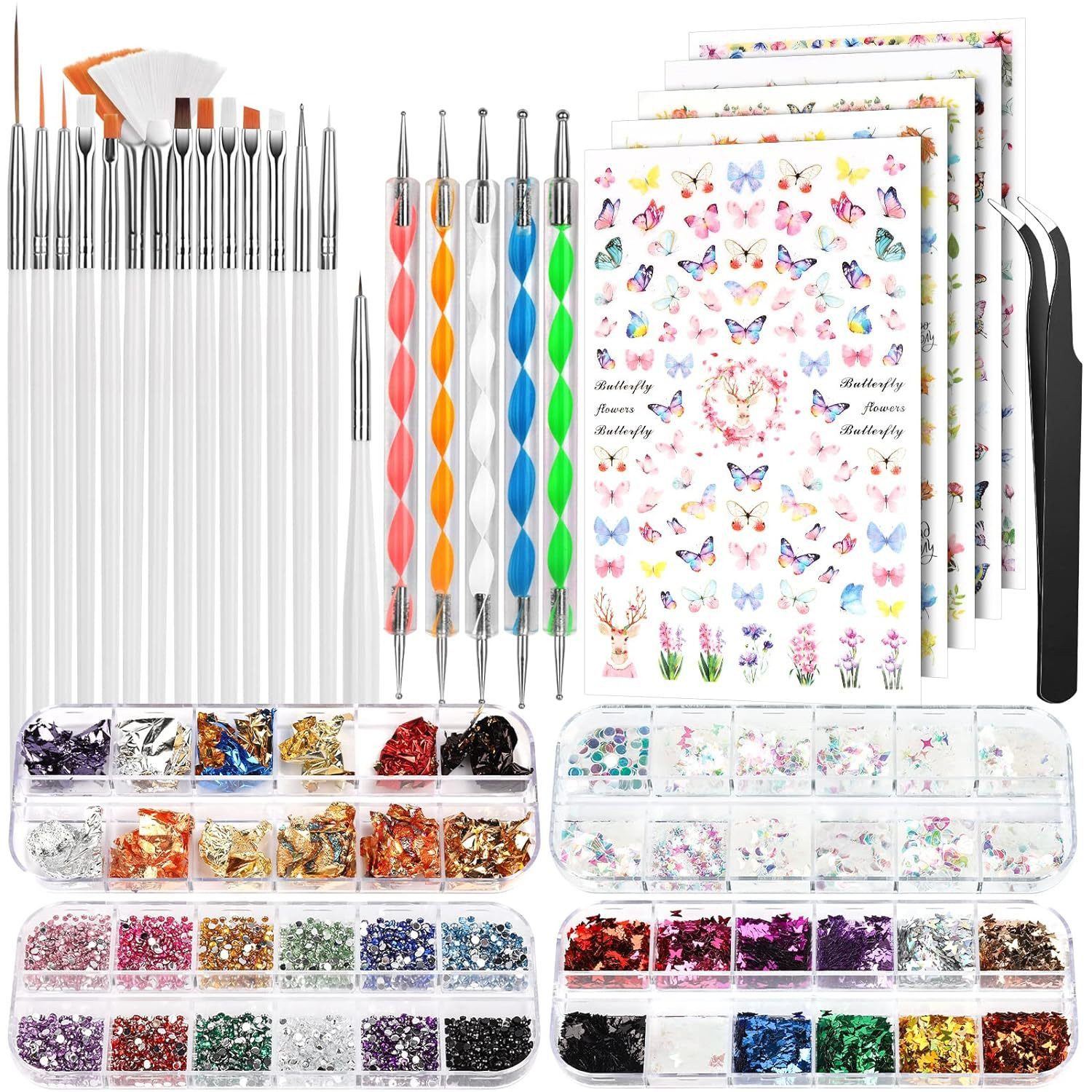 Refined Living Nageldesign Zubehör Nageldesign Set, Nail Art Pinsel Set,Nailart Pinsel & Dekorationen Set, Pinsel Für Gelnägel,Professionelles Nail Art Set 15 Pcs Nagel Pinsel, 5 Blätter Nagelsticker, Schmetterling & Herzenform Nagel Pailletten, Strasssteine Nägel, Blattgold für Nagelkunst und mehr, Nail Art Dekorationen & Nagelpinsel Set, professionelle Studio- Qualitat